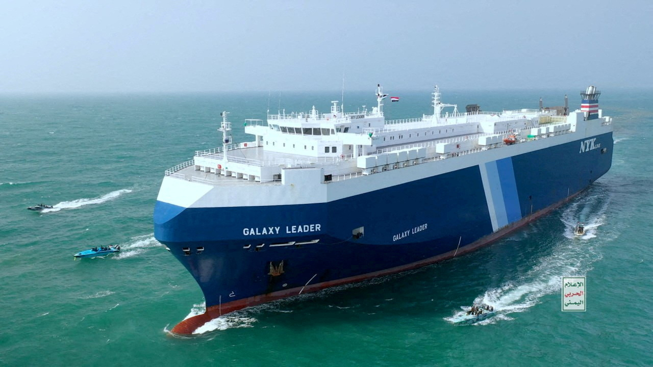 FILE PHOTO: The Galaxy Leader cargo ship is escorted by Houthi boats in the Red Sea in this photo released November 20, 2023. Houthi Military Media