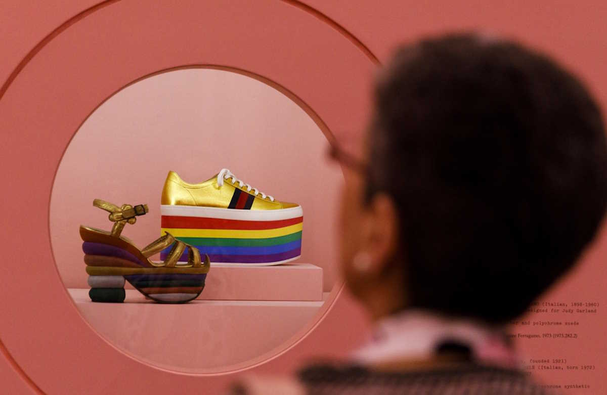 epa07551471 Shoes by Salvatore Ferragamo and by Gucci on display during a press preview of the Metropolitian Museum of Art Costume Institute’s spring 2019 exhibition 'Camp: Notes on Fashion' in New York, New York, USA, 06 May 2019. The exhibit deals with the history and concept of camp in fashion and how it is come to influence mainstream culture.  EPA