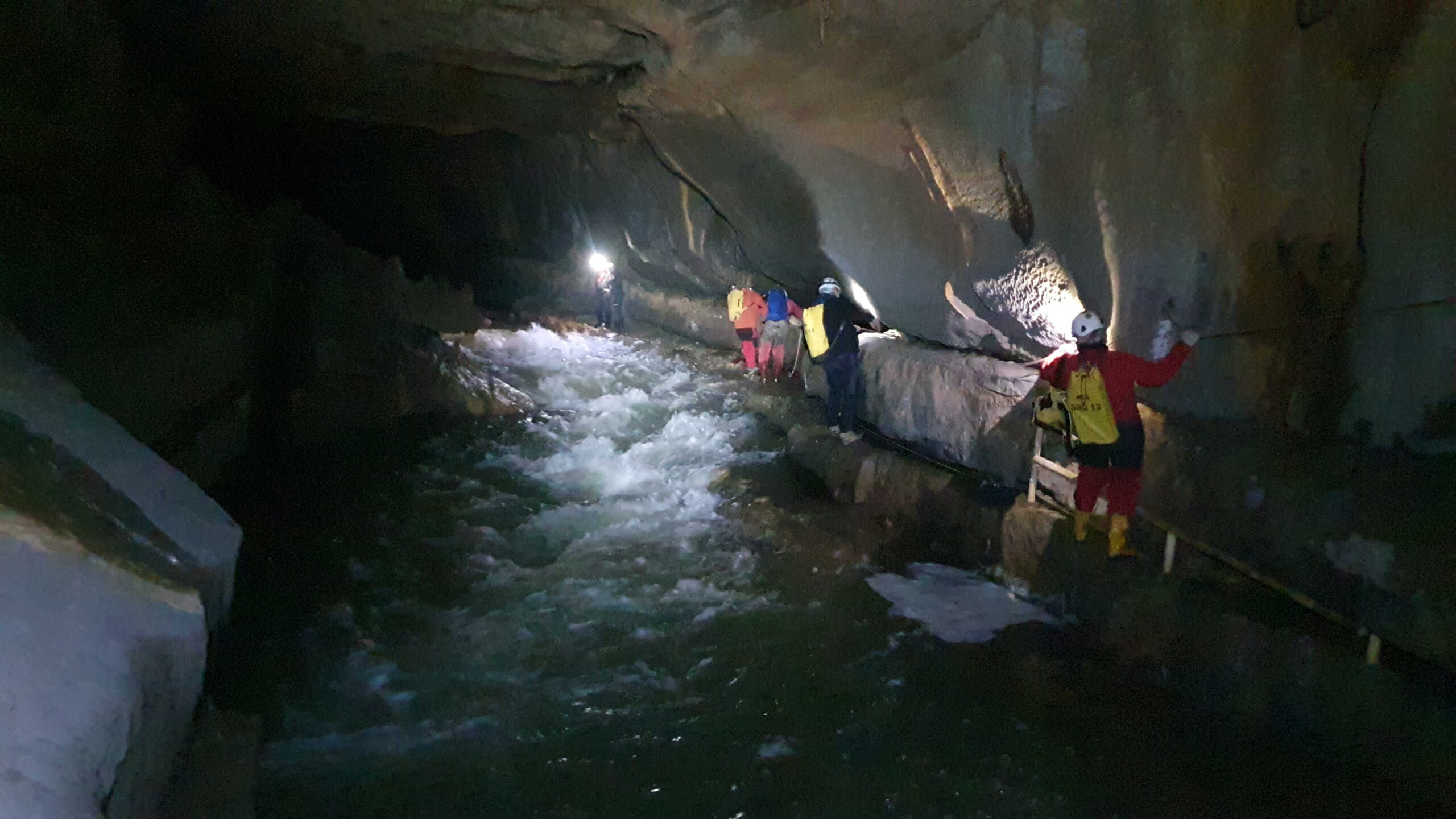 Rescuers take part in a rescue operation to reach five people trapped in the cave after heavy rainfall, in Bloska Polica, Slovenia, January 7, 2024. Cave Rescue Service of Slovenia