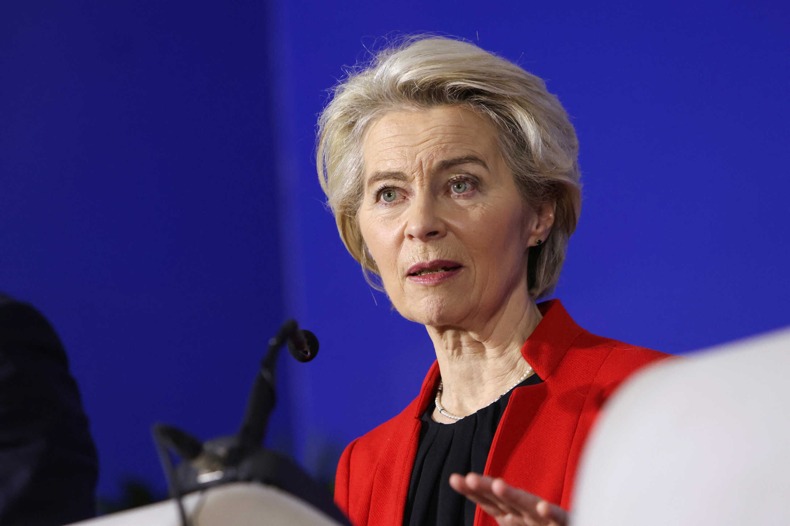 European Commission President Ursula von der Leyen, addresses journalists during a visit to Sarajevo, Bosnia and Herzegovina, January 23, 2024. REUTERS