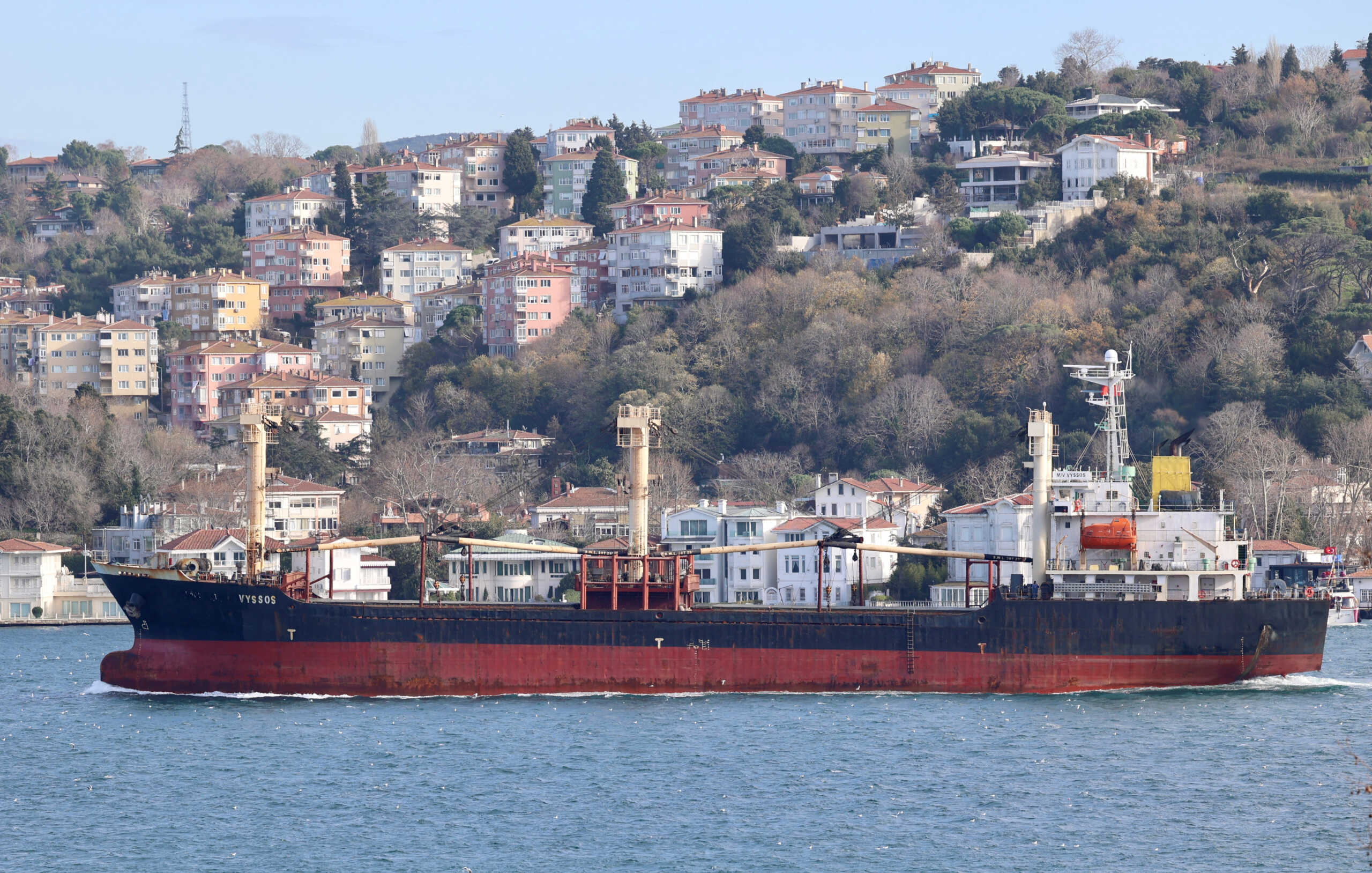 Panama-flagged bulk carrier Vyssos transits Bosphorus, on its way to the Black Sea, in Istanbul, Turkey December 25, 2023. REUTERS