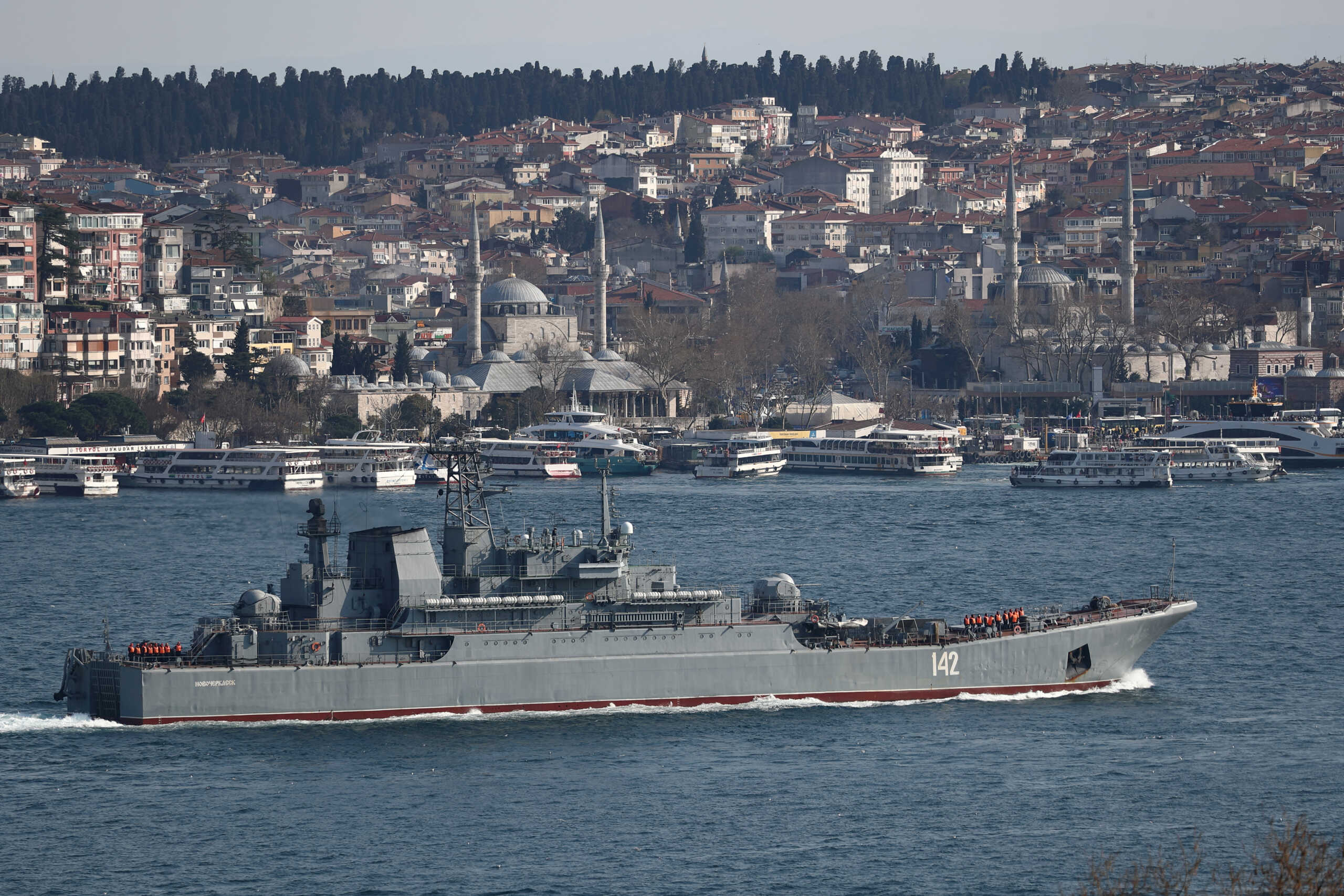 FILE PHOTO: Russian Navy's large landing ship Novocherkassk sets sail in Bosphorus, on its way to the Mediterranean Sea, in Istanbul, Turkey April 12, 2021. REUTERS