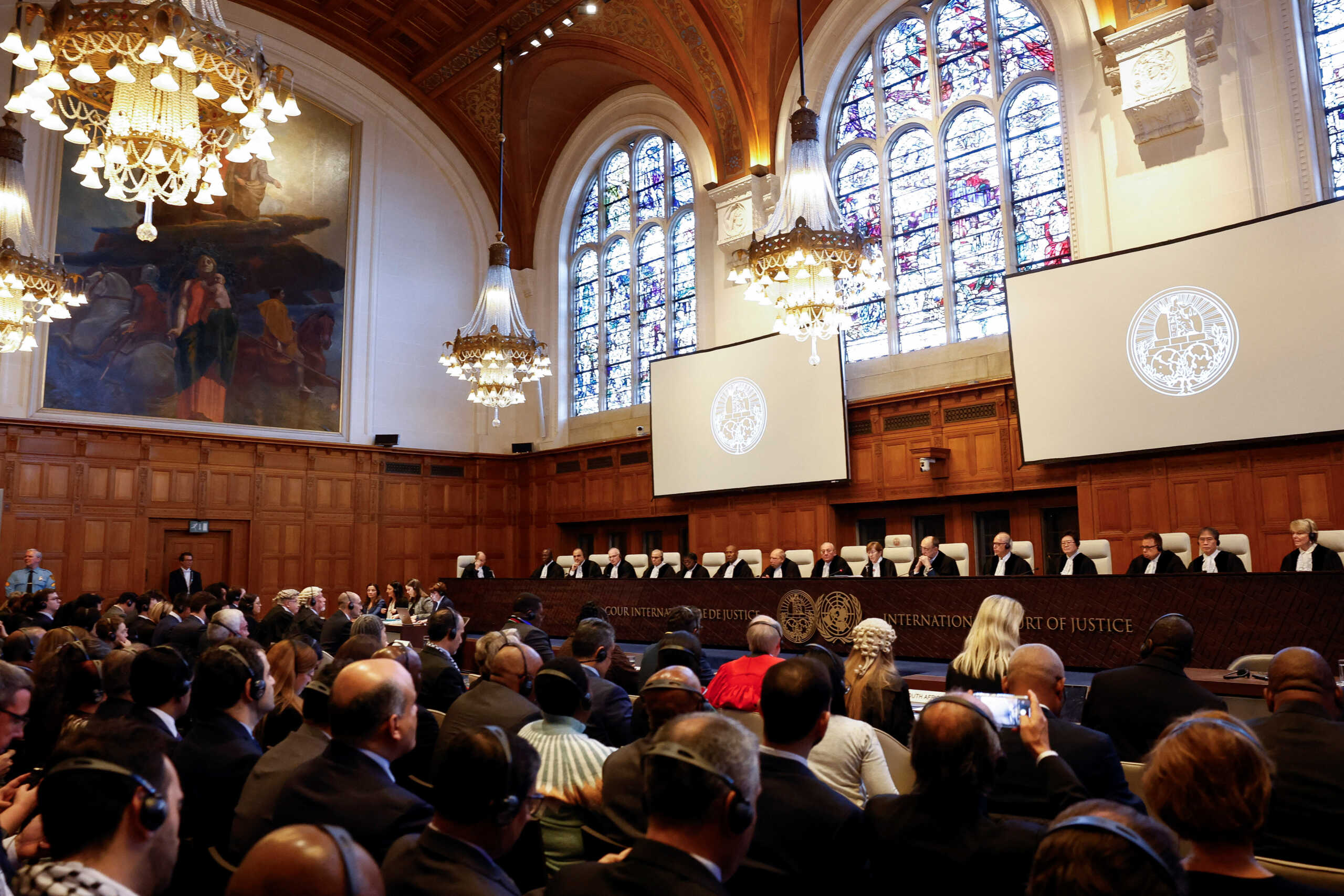 Judges at the International Court of Justice (ICJ) rule on emergency measures against Israel following accusations by South Africa that the Israeli military operation in Gaza is a state-led genocide, in The Hague, Netherlands, January 26, 2024. REUTERS