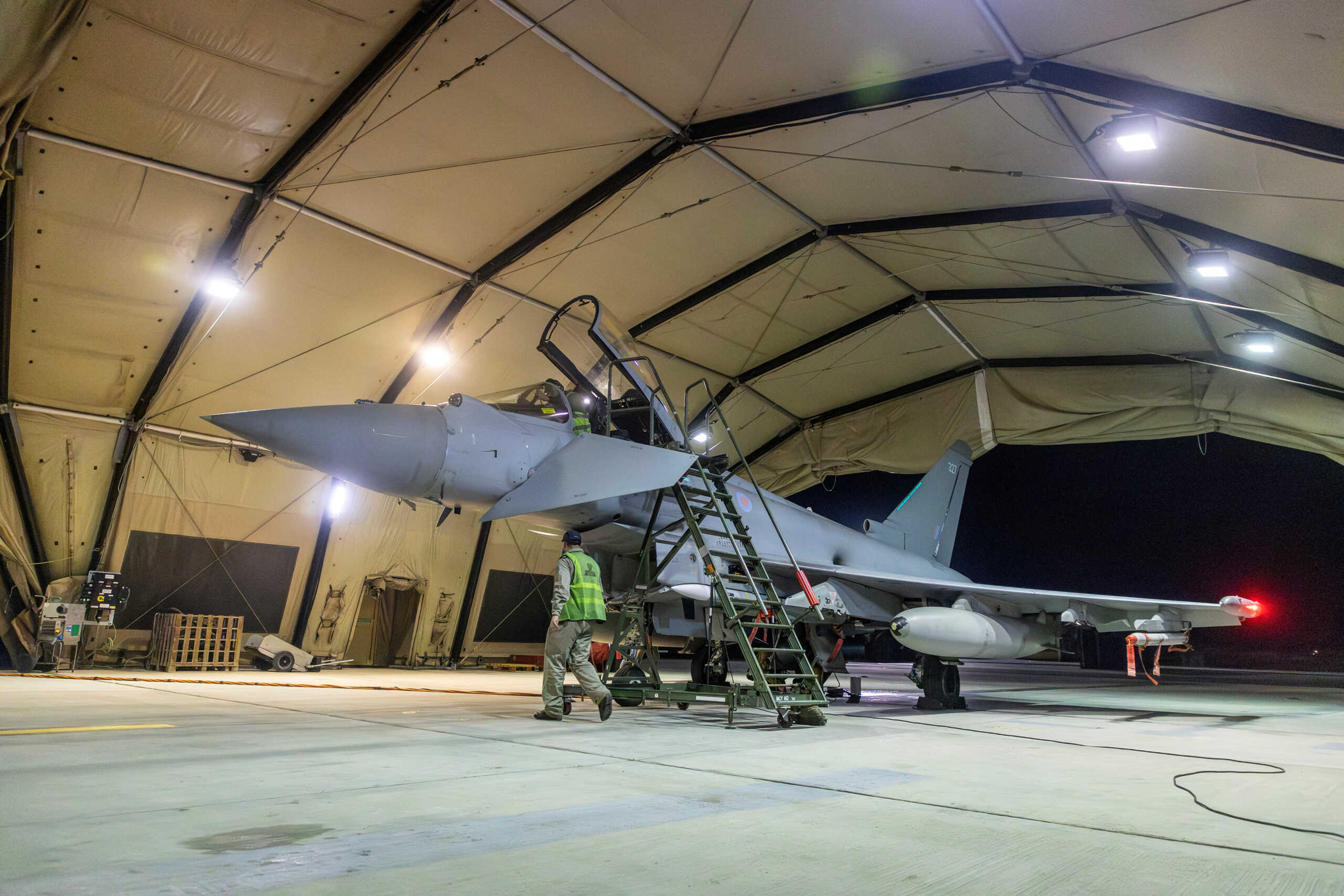 An RAF Typhoon aircraft is pictured at RAF Akrotiri following its return after striking military targets in Yemen during the U.S.-led coalition operation, aimed at the Iran-backed Houthi militia that has been targeting international shipping in the Red Sea, in Cyprus, in this handout picture released on January 12, 2024.   Sgt Lee Goddard