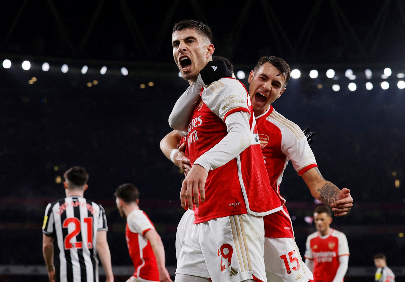 Soccer Football - Premier League - Arsenal v Newcastle United - Emirates Stadium, London, Britain - February 24, 2024 Arsenal's Kai Havertz celebrates scoring their second goal with Jakub Kiwior Action Images via Reuters
