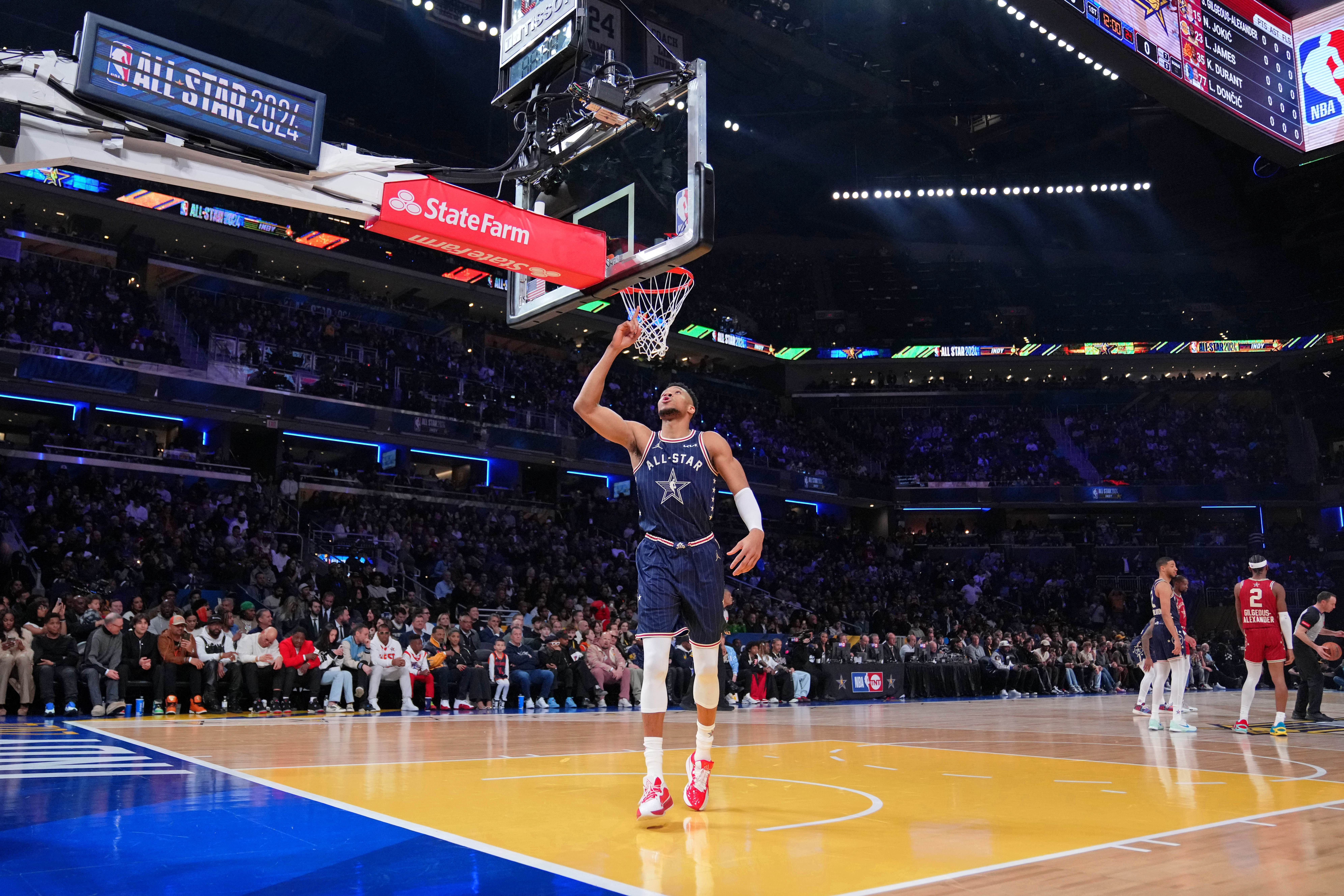 Feb 18, 2024; Indianapolis, Indiana, USA; Eastern Conference forward Giannis Antetokounmpo (34) of the Milwaukee Bucks gestures before the 73rd NBA All Star game at Gainbridge Fieldhouse. Mandatory Credit: Kyle Terada-USA TODAY Sports