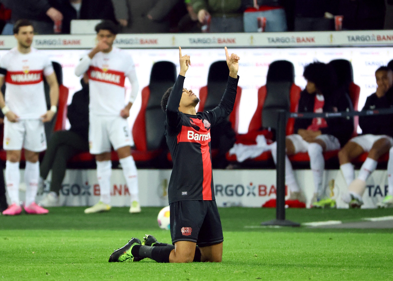 Soccer Football - DFB Cup - Quarter Final - Bayer Leverkusen v VfB Stuttgart - BayArena, Leverkusen, Germany - February 6, 2024 Bayer Leverkusen's Amine Adli celebrates scoring their second goal REUTERS