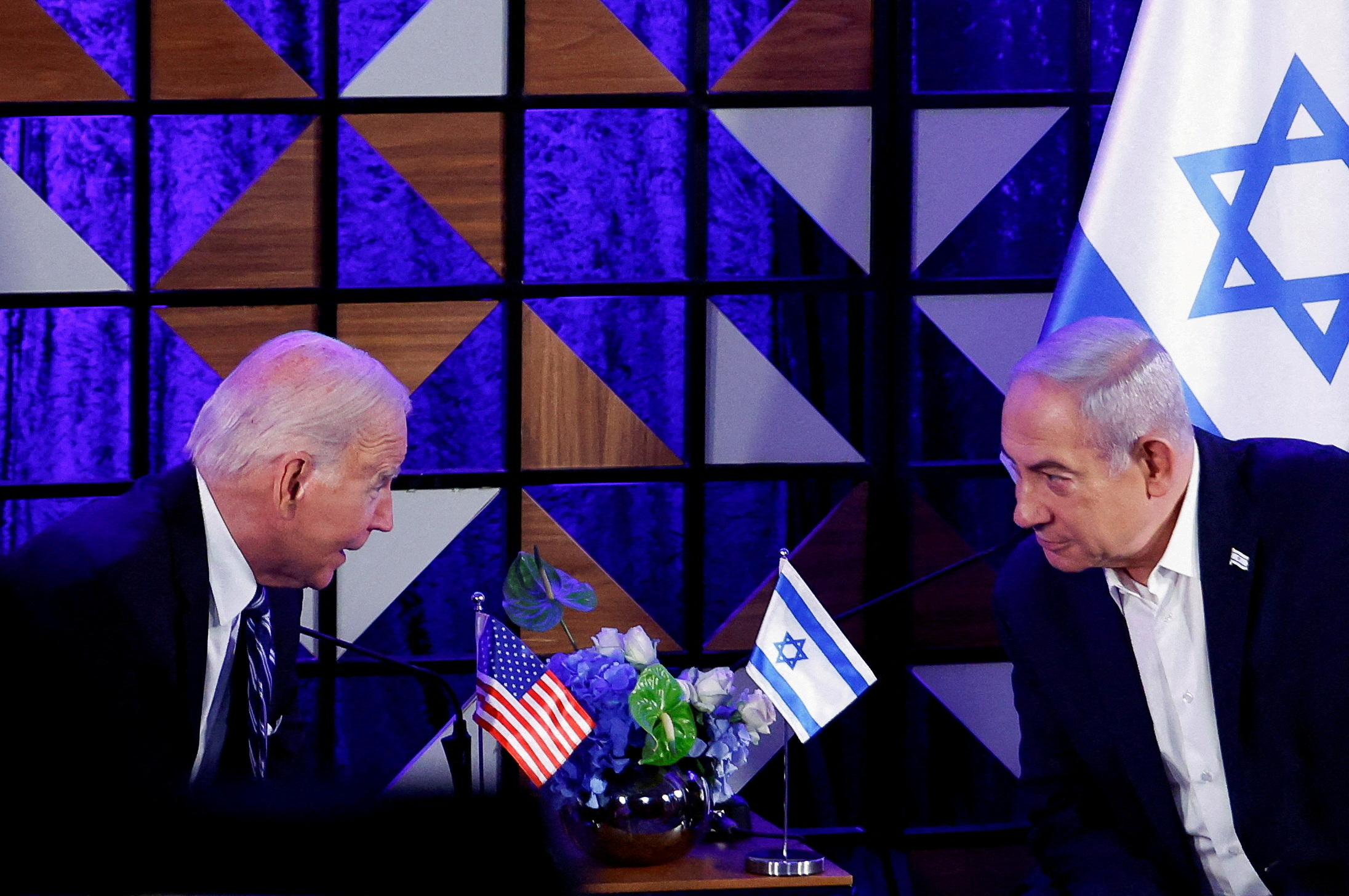 FILE PHOTO: U.S. President Joe Biden attends a meeting with Israeli Prime Minister Benjamin Netanyahu, as he visits Israel amid the ongoing conflict between Israel and Hamas, in Tel Aviv, Israel, October 18, 2023. REUTERS