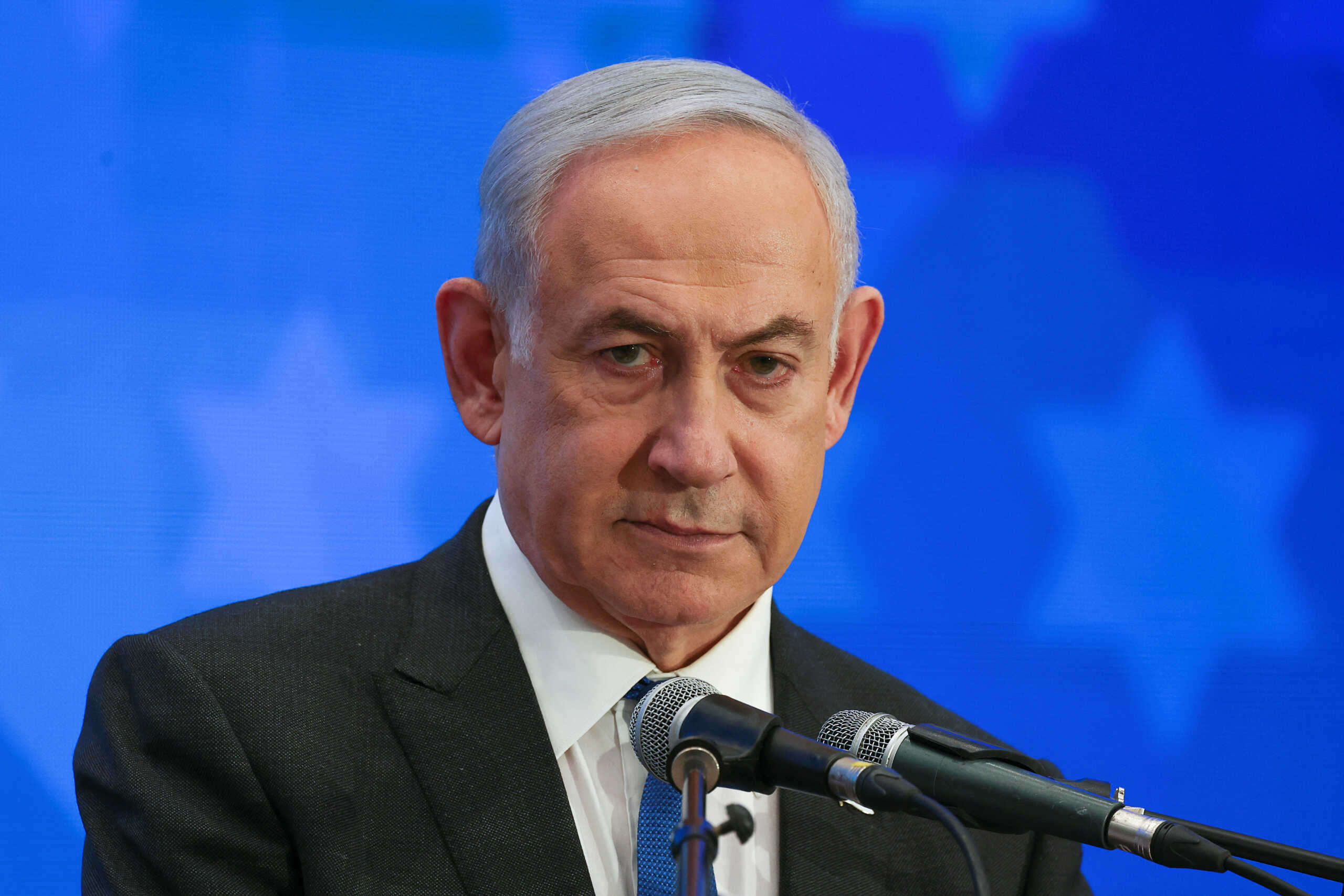 Israeli Prime Minister Benjamin Netanyahu addresses the Conference of Presidents of Major American Jewish Organizations, amid the ongoing conflict between Israel and the Palestinian Islamist group Hamas, in Jerusalem, February 18, 2024. REUTERS