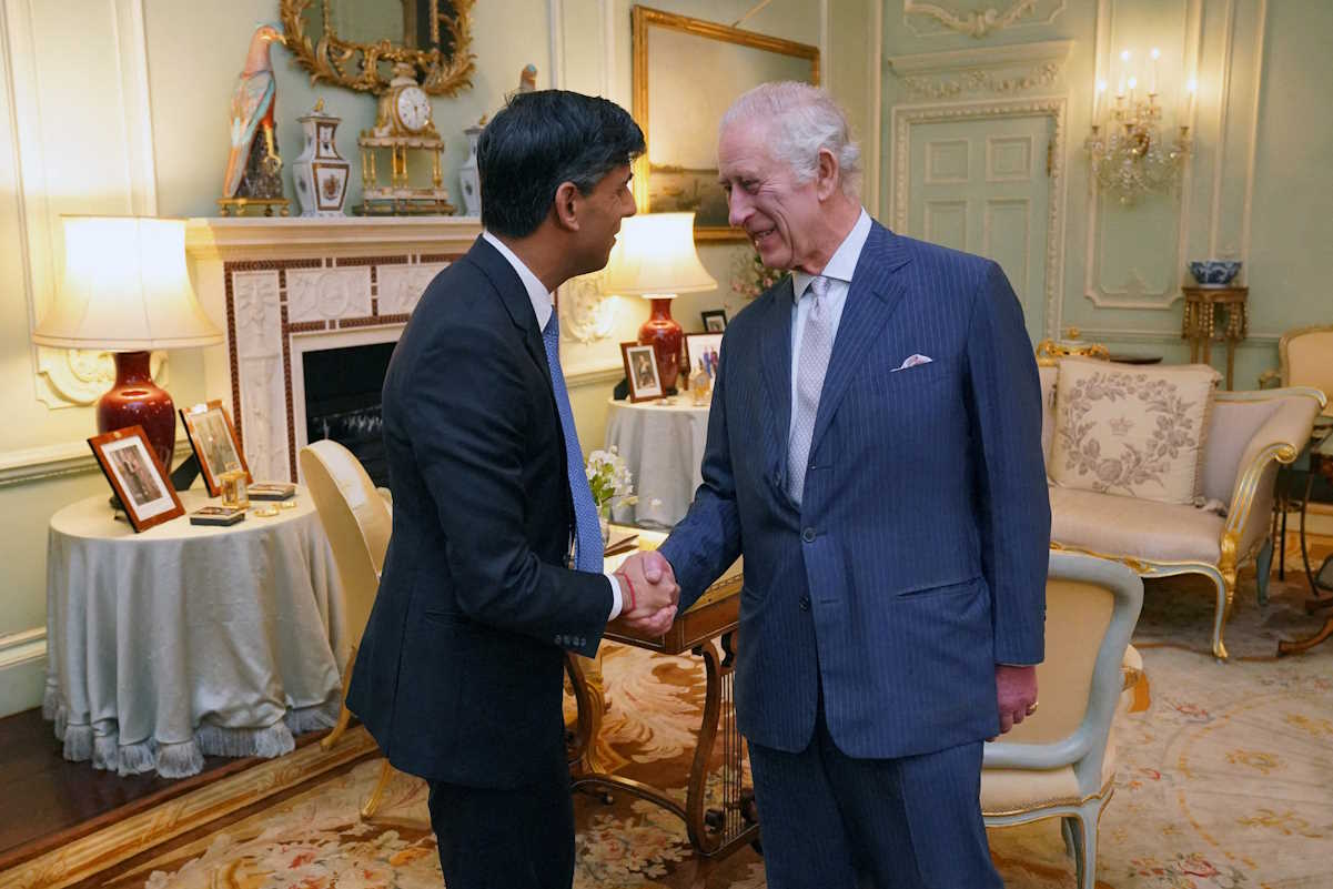 King Charles III meets with Prime Minister Rishi Sunak at Buckingham Palace, London, Britain for their first in-person audience since the King's diagnosis with cancer, February 21, 2024. Jonathan Brady