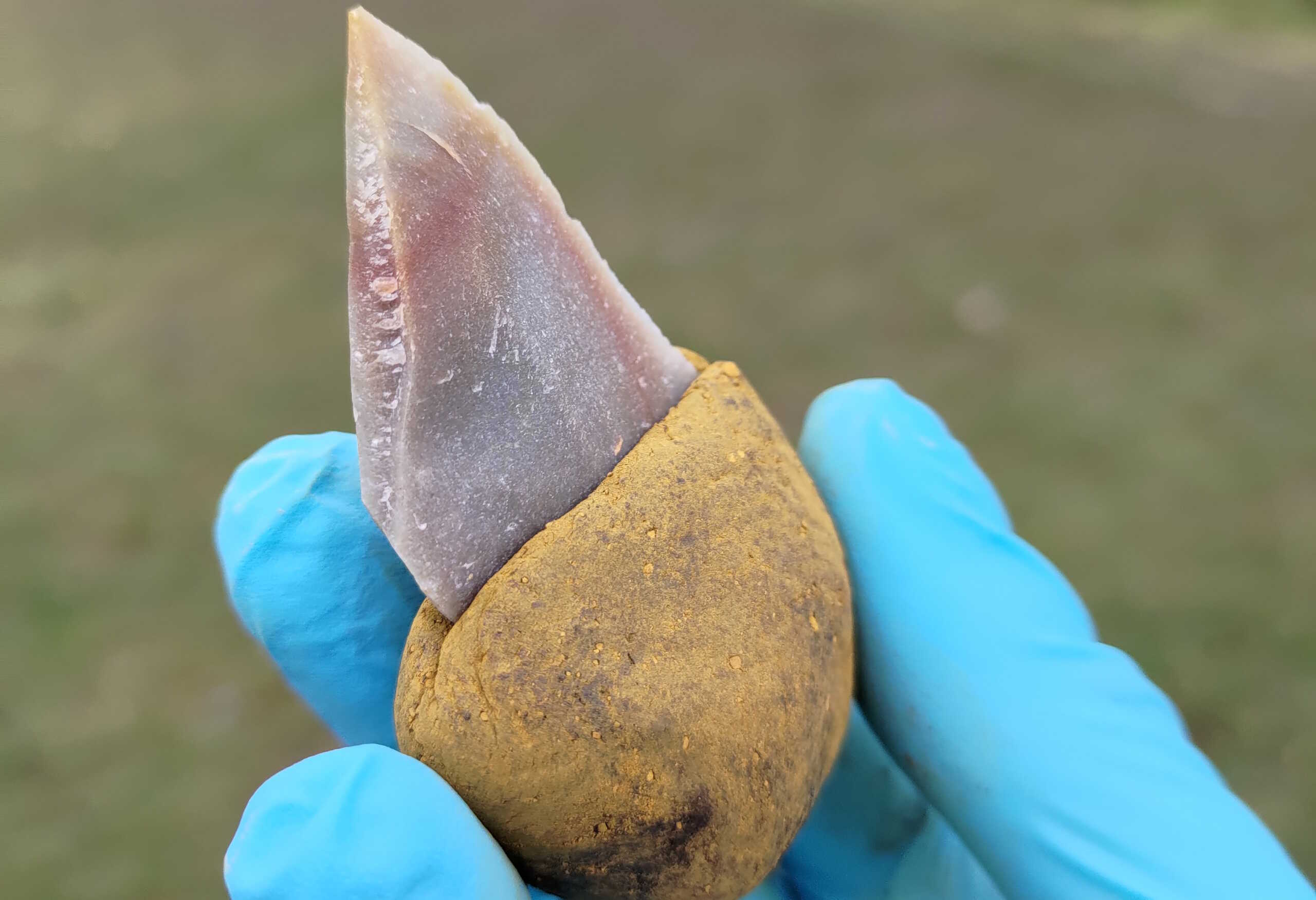 A stone tool glued into a handle made of liquid bitumen with the addition of 55 percent ochre. It is no longer sticky and can be handled easily. Image courtesy of Patrick Schmidt, University of Tübingen.