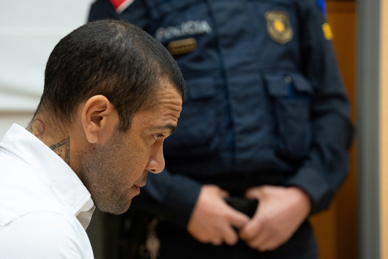 Brazil soccer player Dani Alves sits in court during the first day of his trial in Barcelona, Spain, February 5, 2024. D.Zorrakino