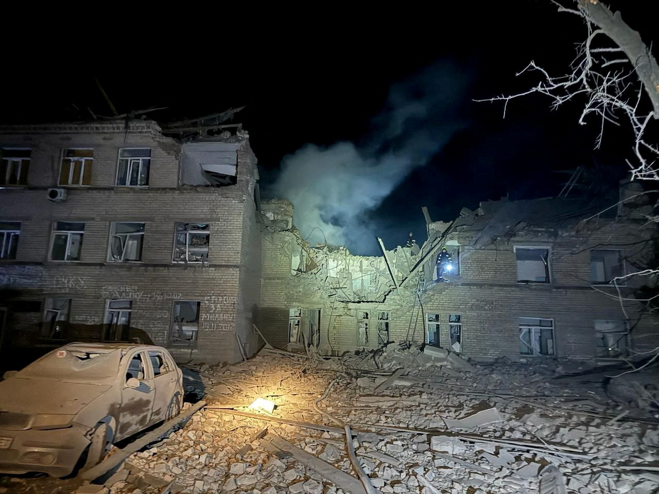 A view shows a damaged hospital in the aftermath of what Ukrainian officials say was a Russian missile attack, in Selydove, Donetsk region, Ukraine, in this picture obtained from social media released on February 14, 2024. Vadym Filashkin via Telegram