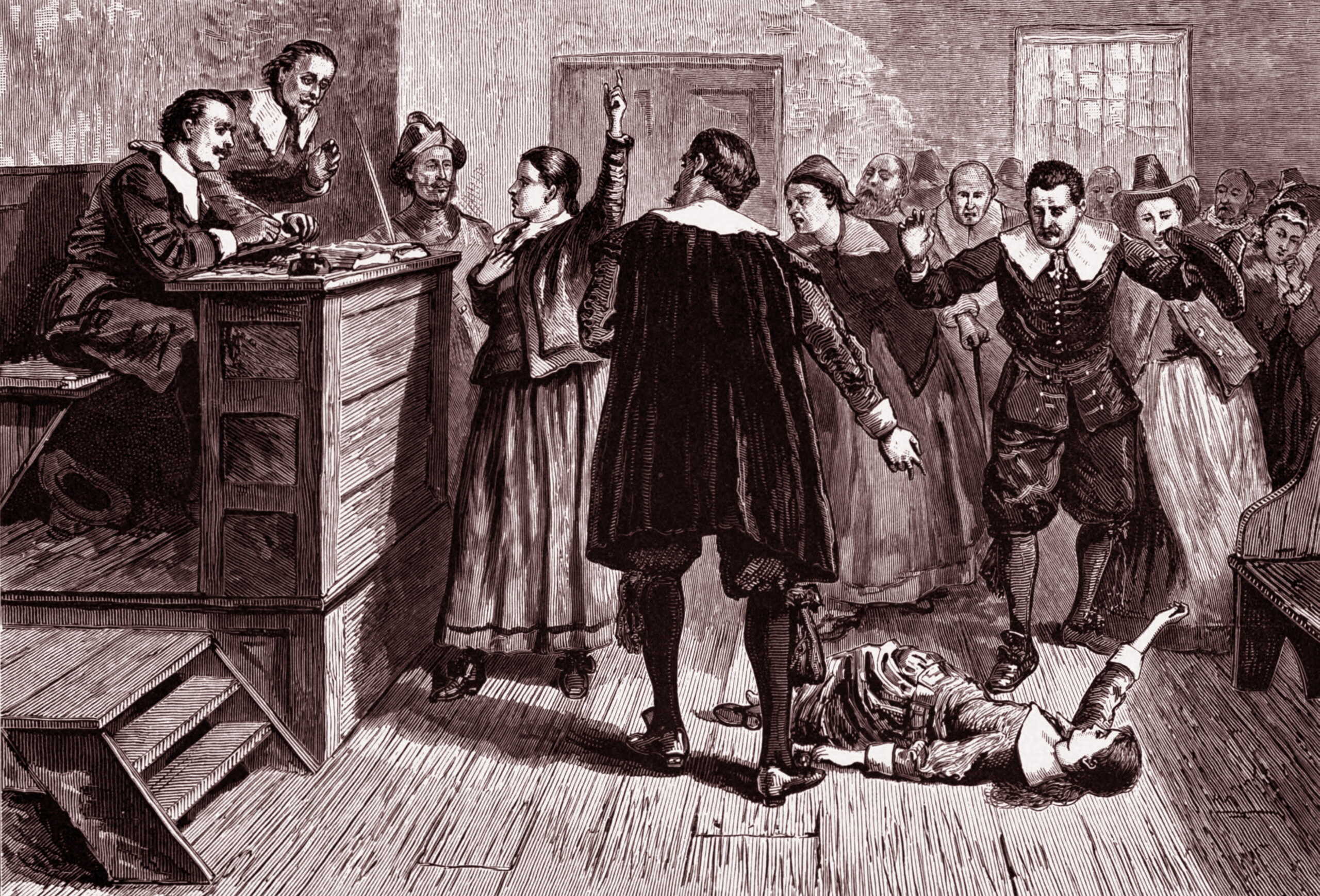 Engraving depicts witchcraft trial. Mary Walcott (1675-1720) is shown here as a witness. Dated 1876. (Photo by: Universal History Archive