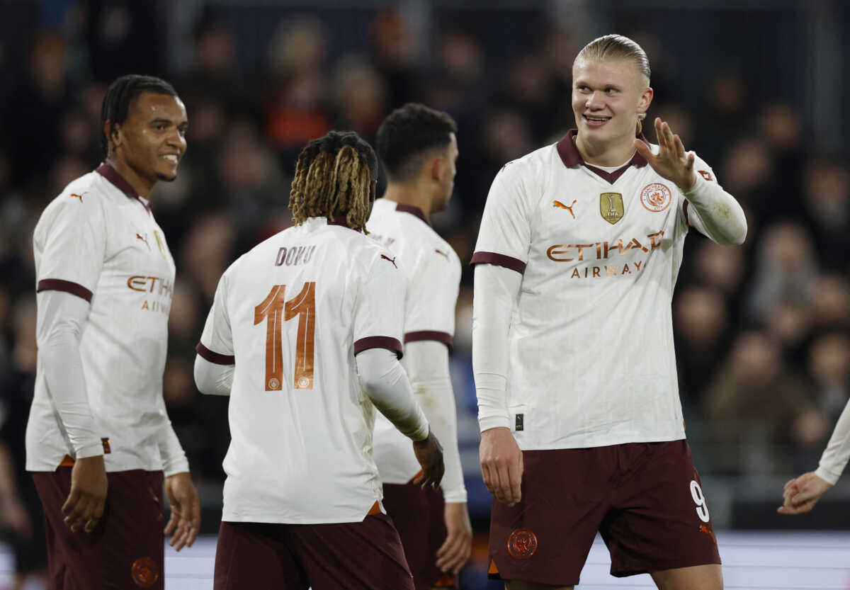 Soccer Football - FA Cup - Fifth Round - Luton Town v Manchester City - Kenilworth Road, Luton, Britain - February 27, 2024 Manchester City's Erling Braut Haaland celebrates scoring their fifth goal Action Images via Reuters