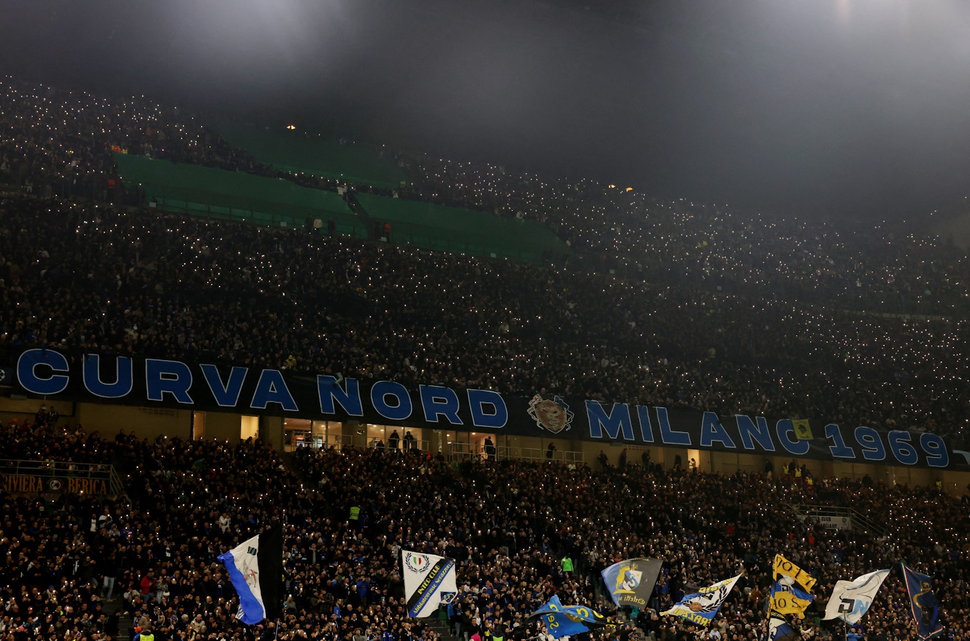 Soccer Football - Champions League - Round of 16 - First Leg - Inter Milan v Atletico Madrid - San Siro, Milan, Italy - February 20, 2024 Inter Milan fans inside the stadium before the match REUTERS