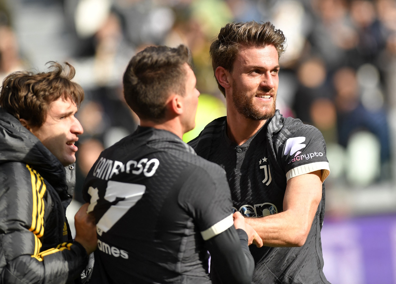 Soccer Football - Serie A - Juventus v Frosinone - Allianz Stadium, Turin, Italy - February 25, 2024 Juventus' Daniele Rugani celebrates scoring their third goal with Andrea Cambiaso REUTERS
