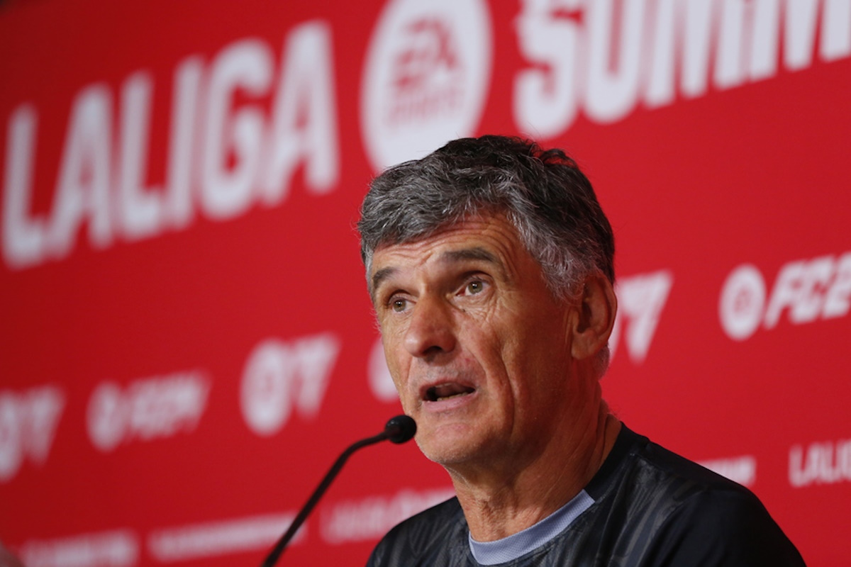 epa10780240 The coach from Sevilla, Jose Luis Mendilibar, speaks during a press conference prior to a match against Real Betis as part of the La Liga Summer Tour, which will be played at the Akron stadium, in Guadalajara, Mexico, 1 August 2023.  EPA