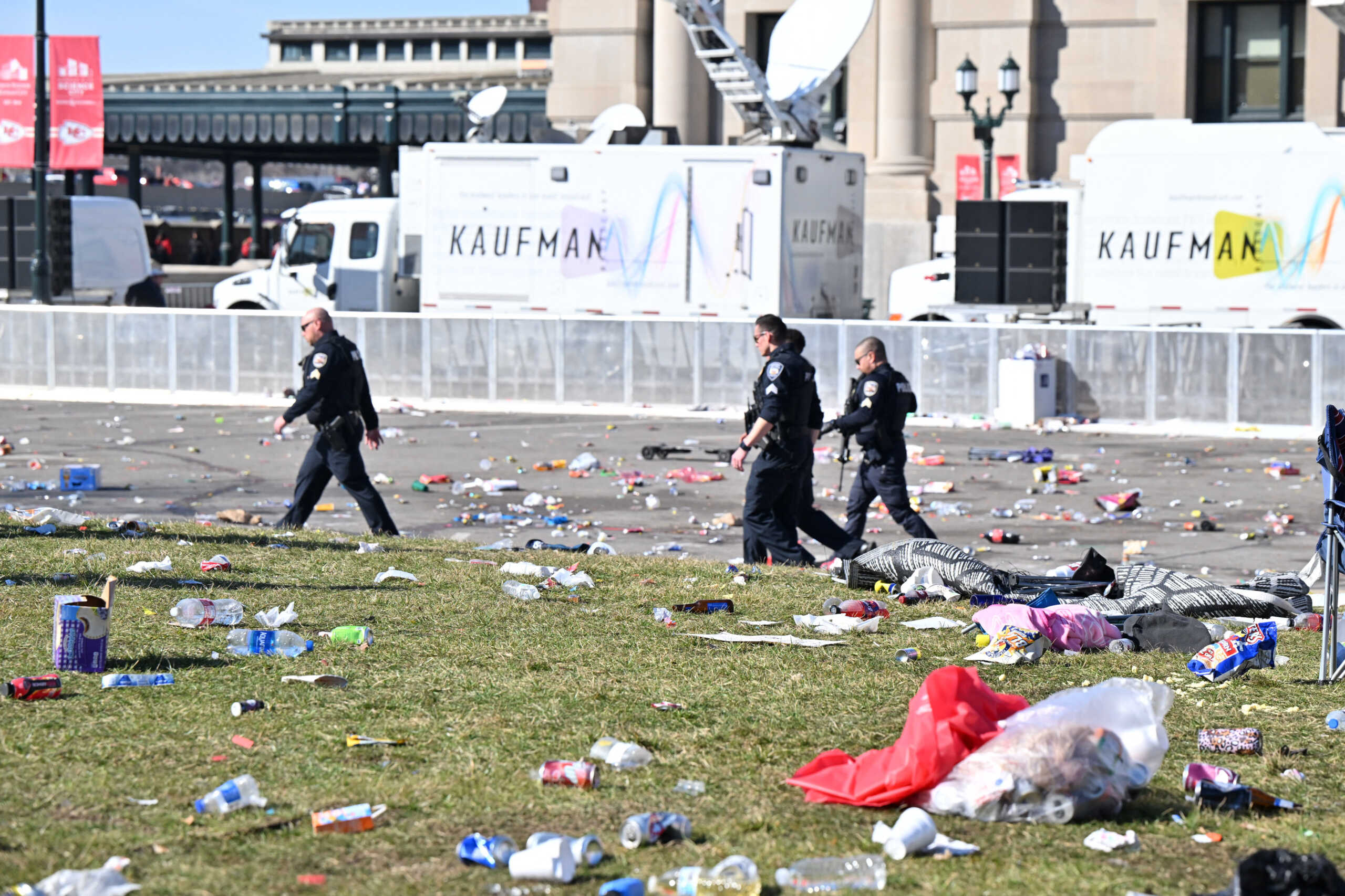 Feb 14, 2024; Kansas City, MO, USA; General view after shots were fired after the celebration of the Kansas City Chiefs winning Super Bowl LVIII. Mandatory Credit: David Rainey-USA TODAY Sports