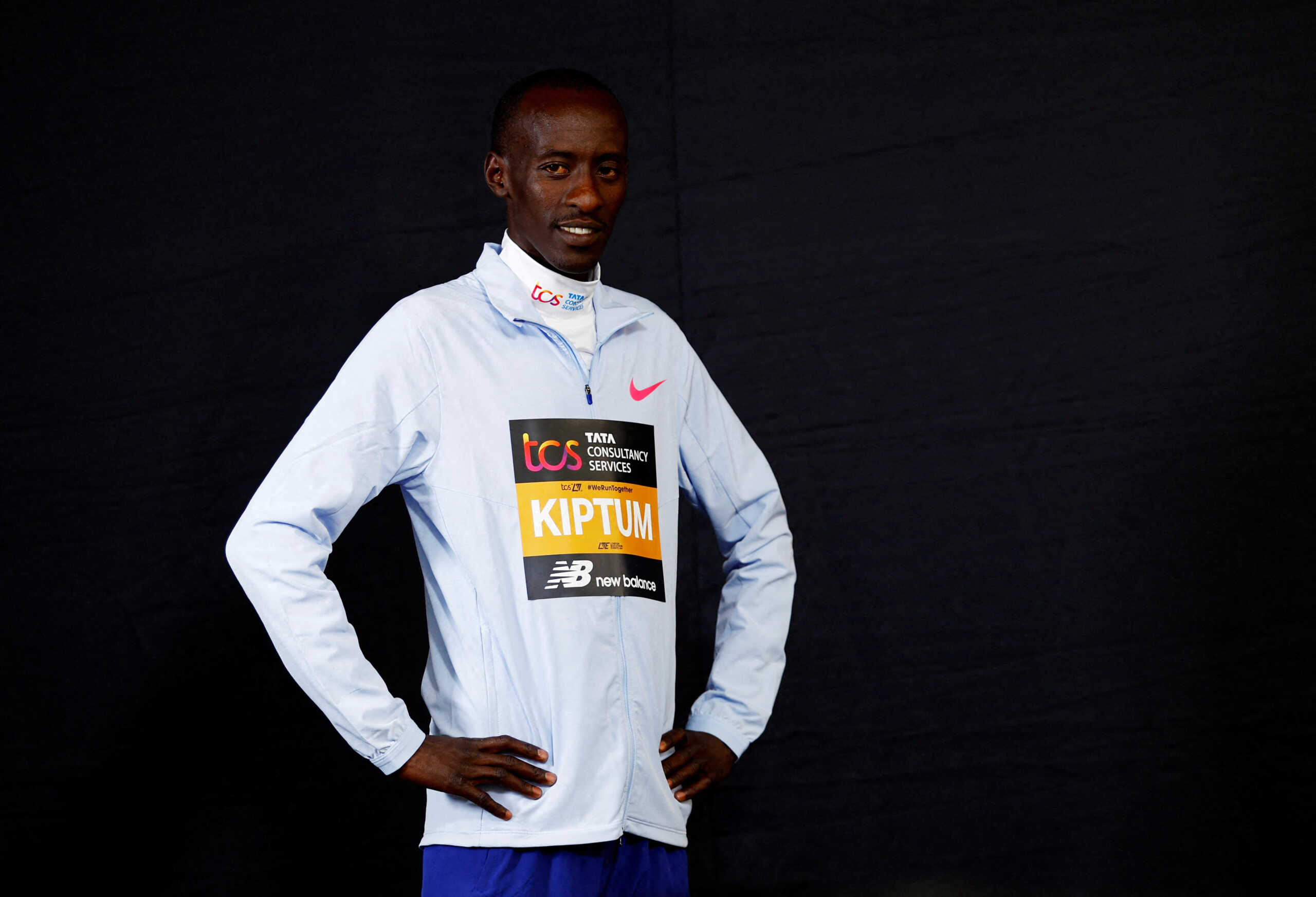 FILE PHOTO: Athletics - London Marathon - Elite Men Press Conference - London, Britain - April 20, 2023 Kenya's Kelvin Kiptum poses after the press conference ahead of the London Marathon.  Action Images via Reuters