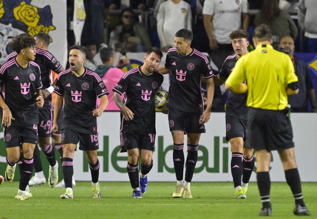 Feb 25, 2024; Carson, California, USA;  Inter Miami CF forward Lionel Messi (10) celebrates his goal against LA Galaxy during the second half at Dignity Health Sports Park. Mandatory Credit: Jayne Kamin-Oncea-USA TODAY Sports