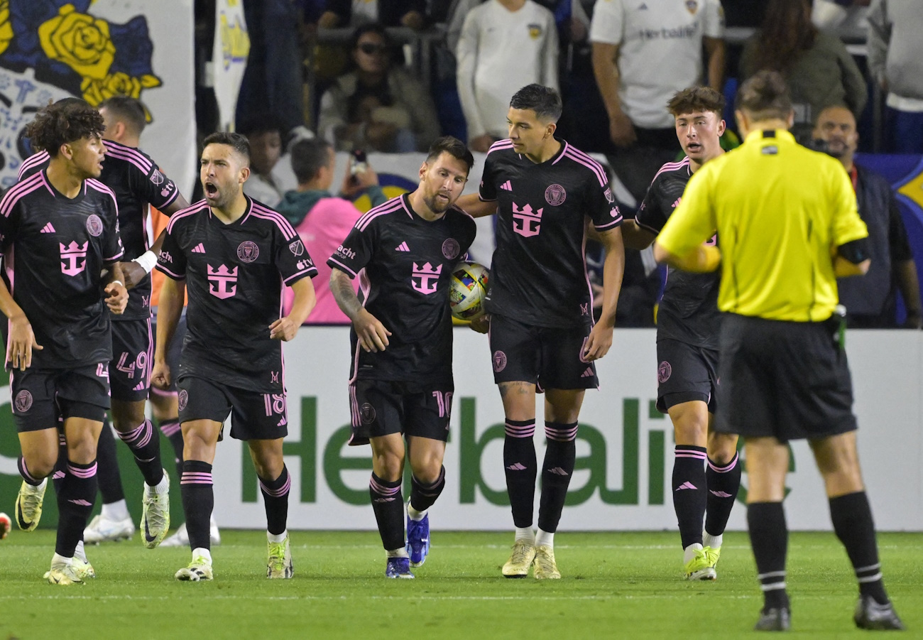 Feb 25, 2024; Carson, California, USA;  Inter Miami CF forward Lionel Messi (10) celebrates his goal against LA Galaxy during the second half at Dignity Health Sports Park. Mandatory Credit: Jayne Kamin-Oncea-USA TODAY Sports