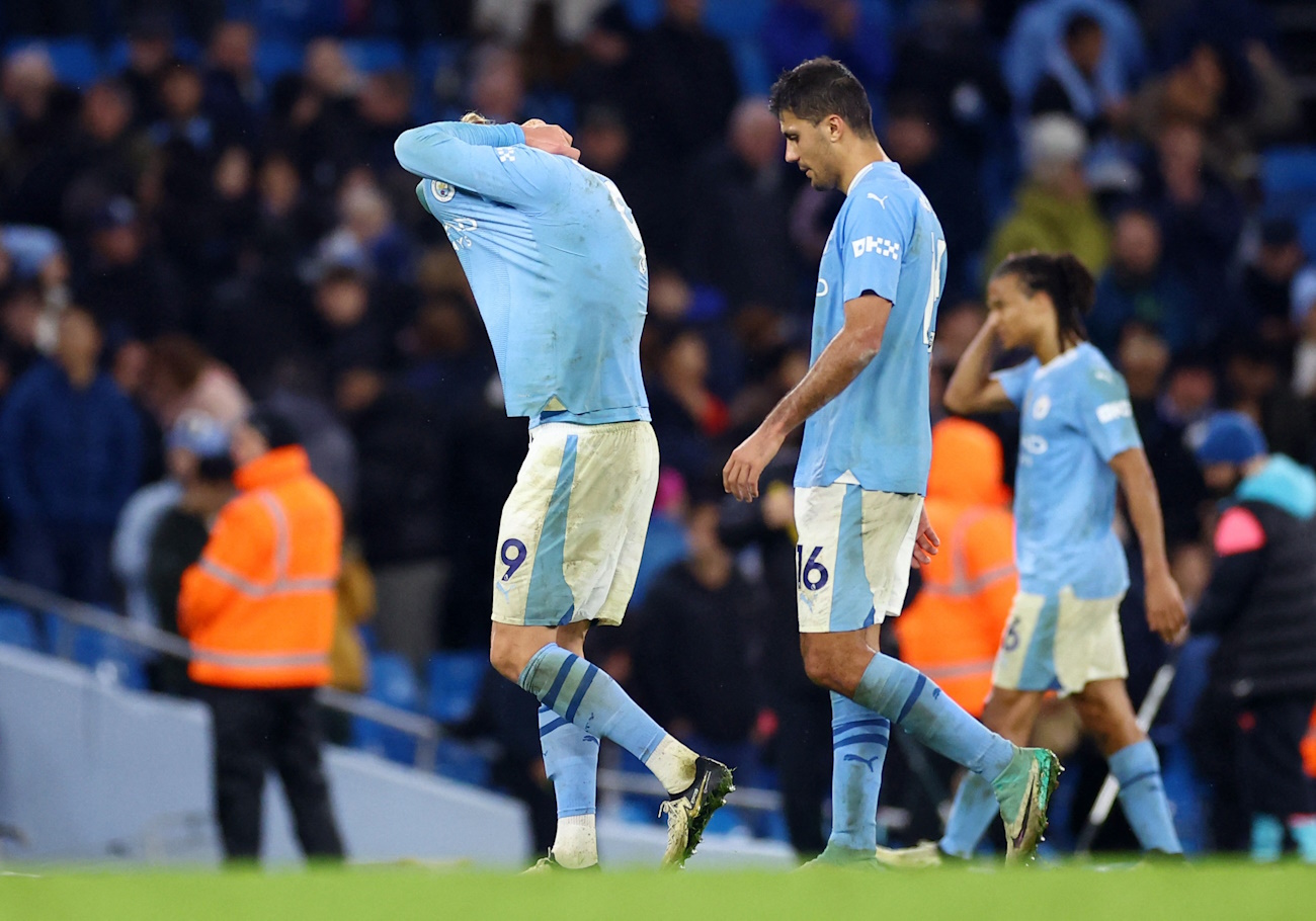 Soccer Football - Premier League - Manchester City v Chelsea - Etihad Stadium, Manchester, Britain - February 17, 2024 Manchester City's Erling Braut Haaland and Rodri react after the match REUTERS