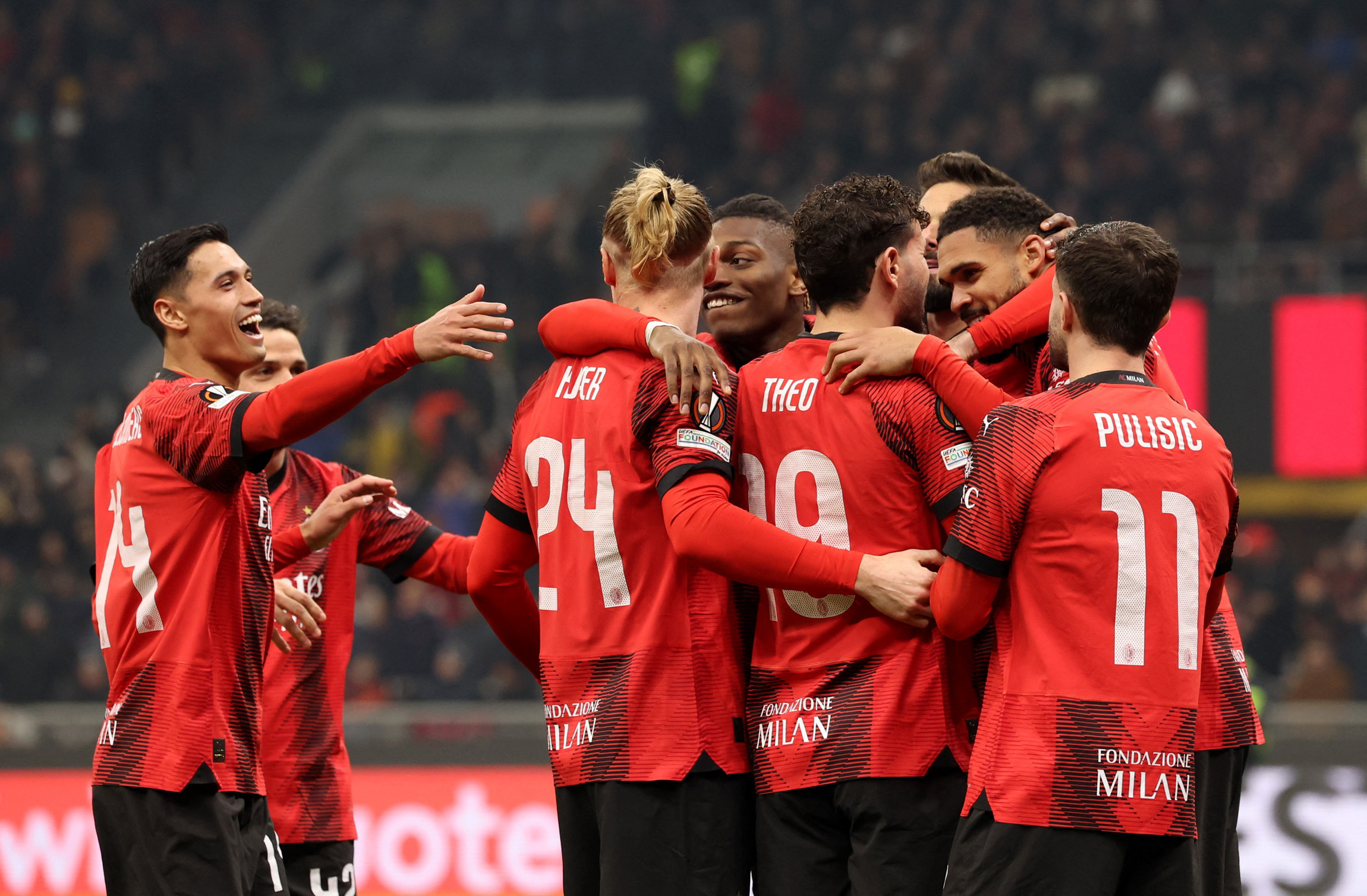Soccer Football - Europa League - Play-Off - First Leg - AC Milan v Stade Rennes - San Siro, Milan, Italy - February 15, 2024 AC Milan's Ruben Loftus-Cheek celebrates scoring their second goal with teammates REUTERS