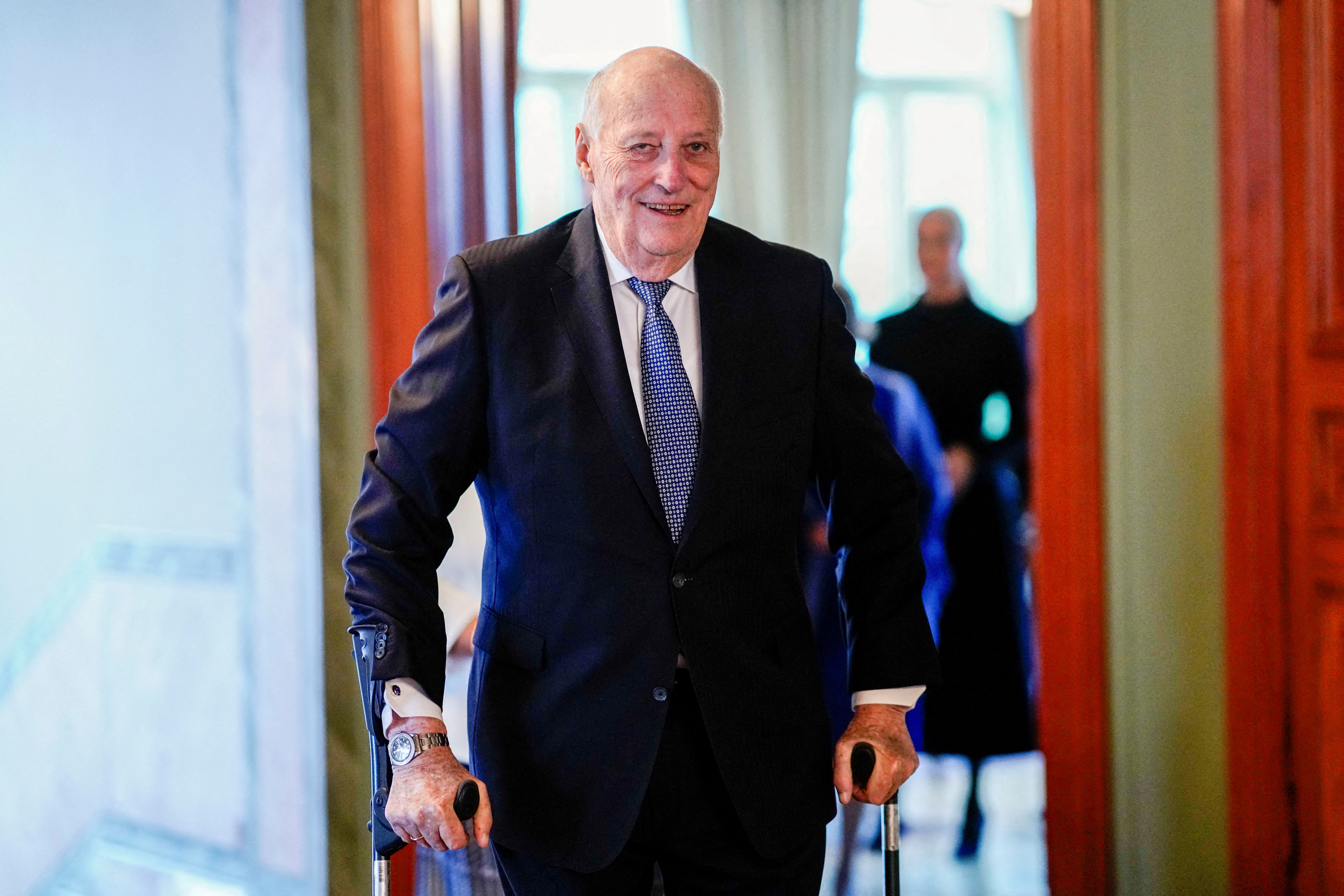 FILE PHOTO: Norway's King Harald arrives for a lunch with Tanzania's President Samia Suluhu Hassan and the Norwegian government, in Oslo, Norway February 14, 2024. NTB