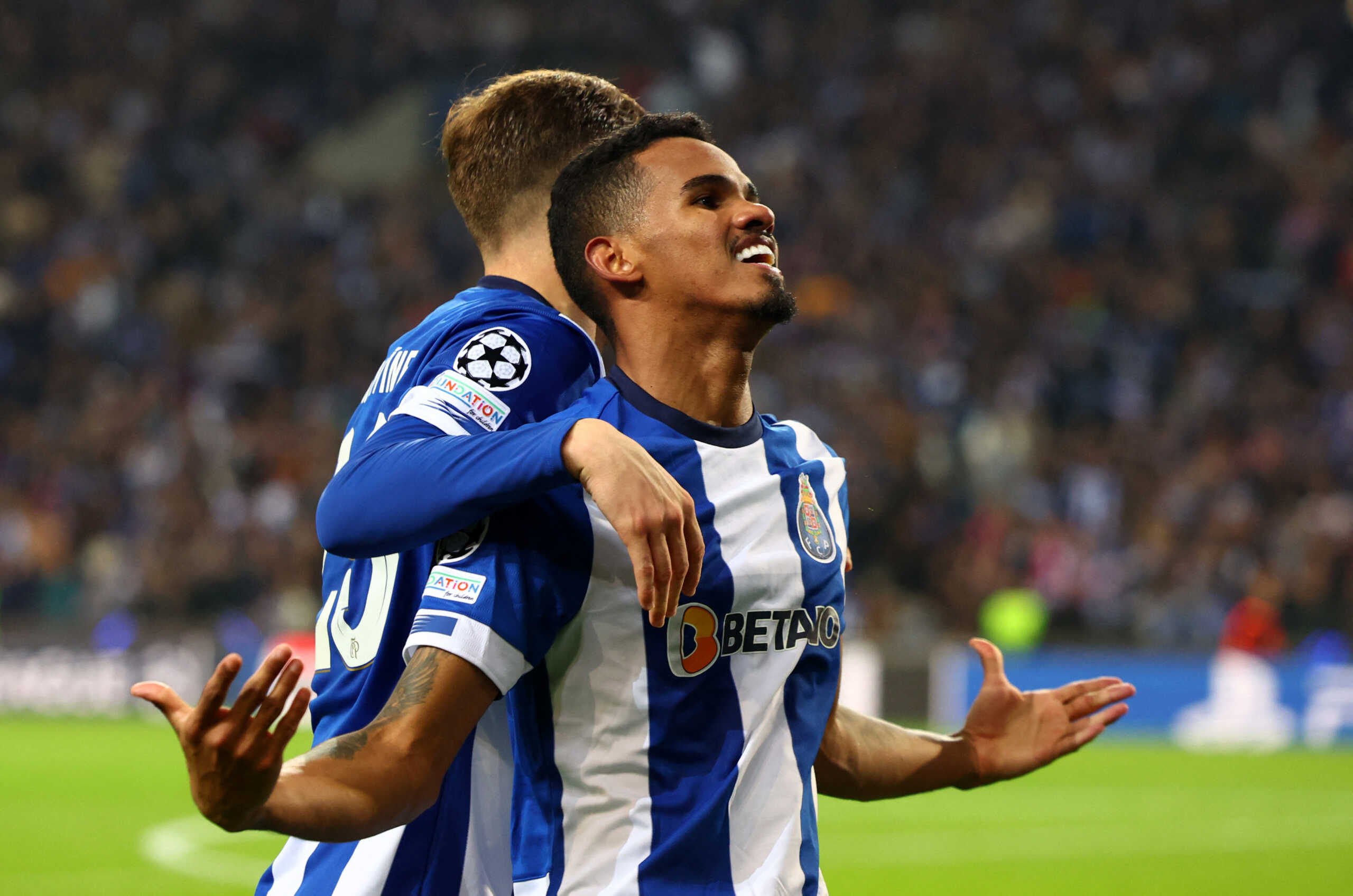 Soccer Football - Champions League - Round of 16 - First Leg - FC Porto v Arsenal - Estadio do Dragao, Porto, Portugal - February 21, 2024 FC Porto's Galeno celebrates scoring their first goal REUTERS
