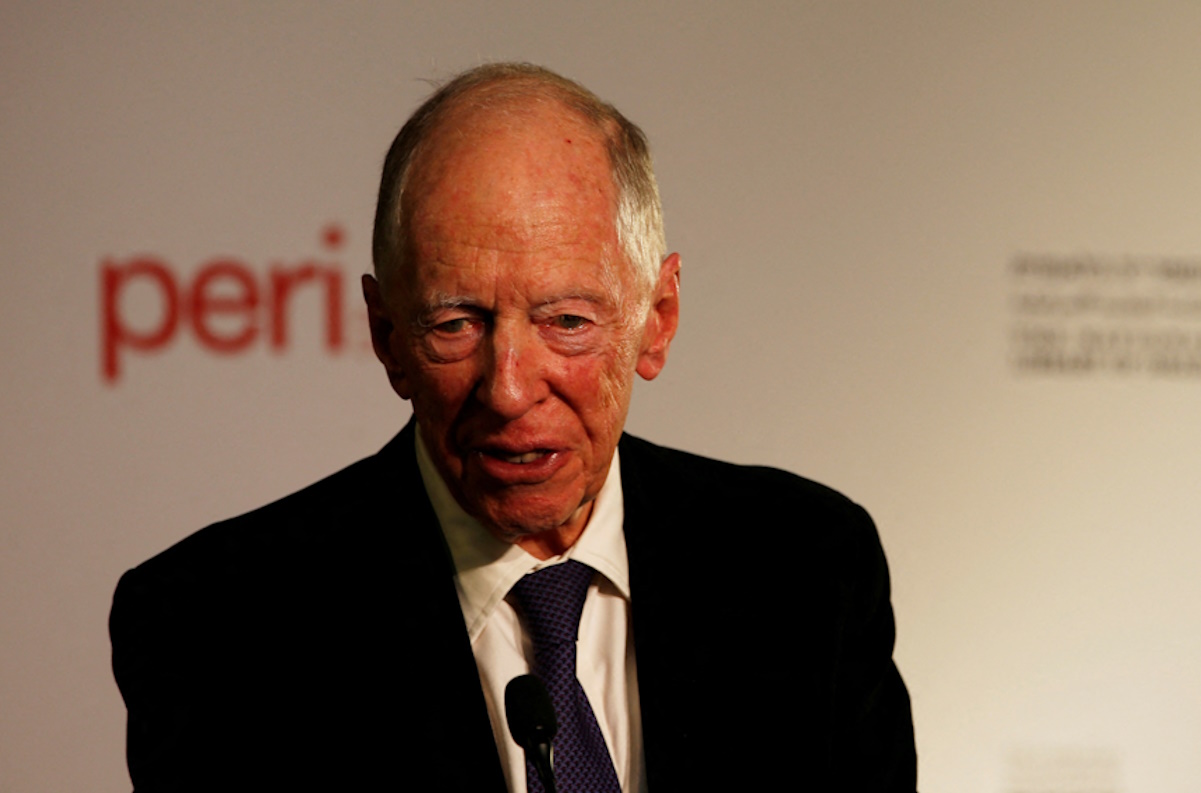 FILE PHOTO: Lord Jacob Rothschild speaks at an event marking the signing of an agreement between the state libraries of Israel and Russia, whereby one of the most treasured collections of ancient Hebrew manuscripts and books will be digitised and available for public view online, at the National Library of Israel in Jerusalem November 7, 2017. REUTERS
