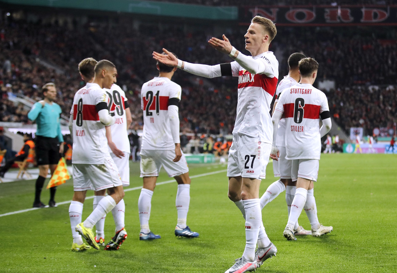 Soccer Football - DFB Cup - Quarter Final - Bayer Leverkusen v VfB Stuttgart - BayArena, Leverkusen, Germany - February 6, 2024 VfB Stuttgart's Chris Fuhrich celebrates scoring their second goal with teammates REUTERS