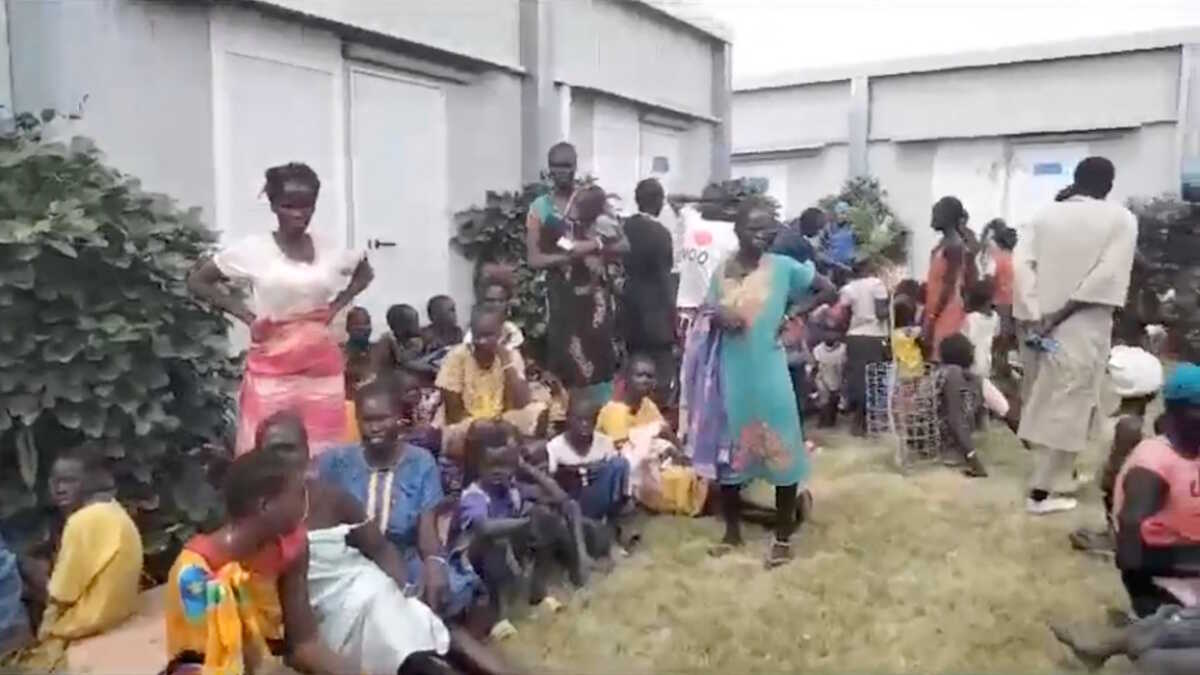 Locals gather at a UN peacekeeper camp following deadly attacks, in Dokura, Abyei region, Sudan-South Sudan border area, in this still image obtained from a social media video released January 28, 2024. Video obtained by Reuters THIS IMAGE HAS BEEN SUPPLIED BY A THIRD PARTY. NO RESALES. NO ARCHIVES