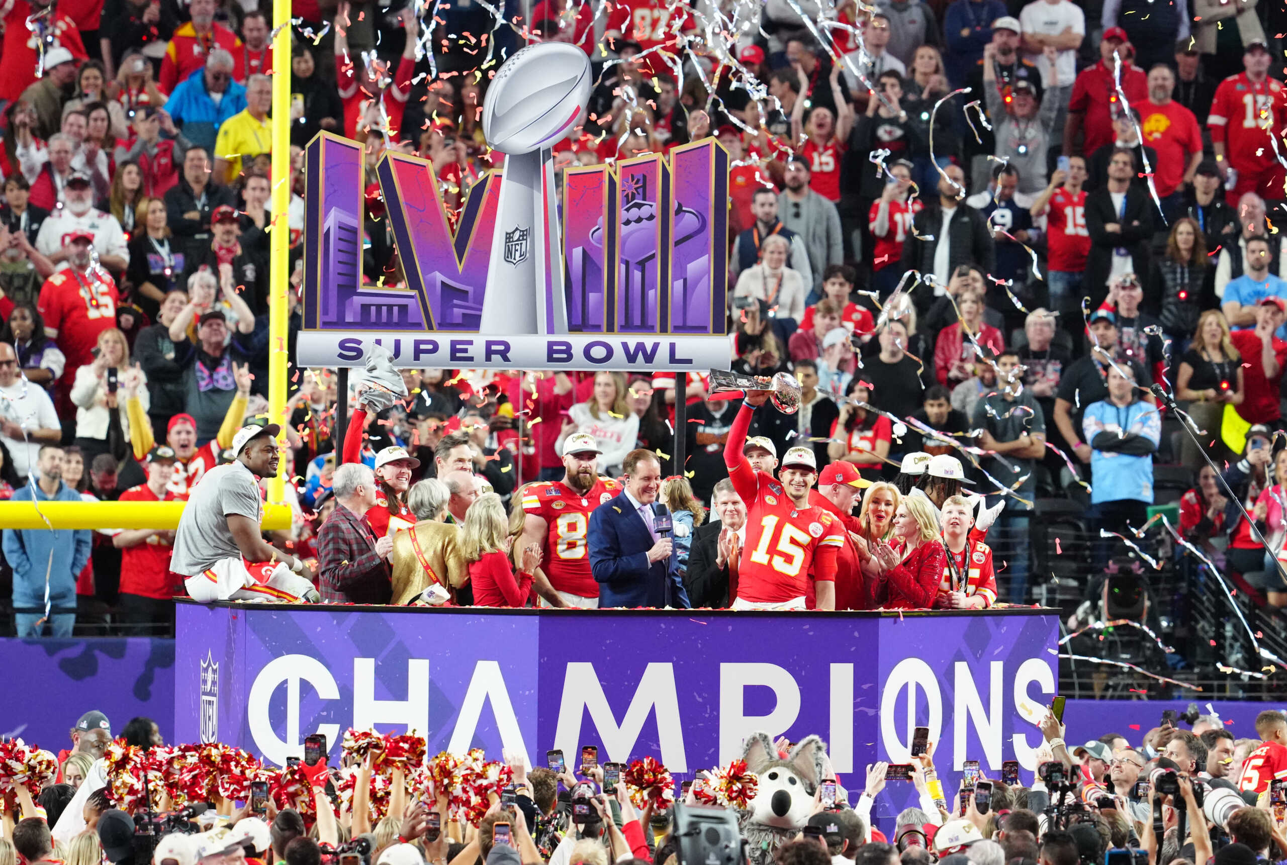 Feb 11, 2024; Paradise, Nevada, USA;  Kansas City Chiefs quarterback Patrick Mahomes (15) hoists the Vince Lombardi Trophy after defeating the San Francisco 49ers in Super Bowl LVIII at Allegiant Stadium. Mandatory Credit: Stephen R. Sylvanie-USA TODAY Sports