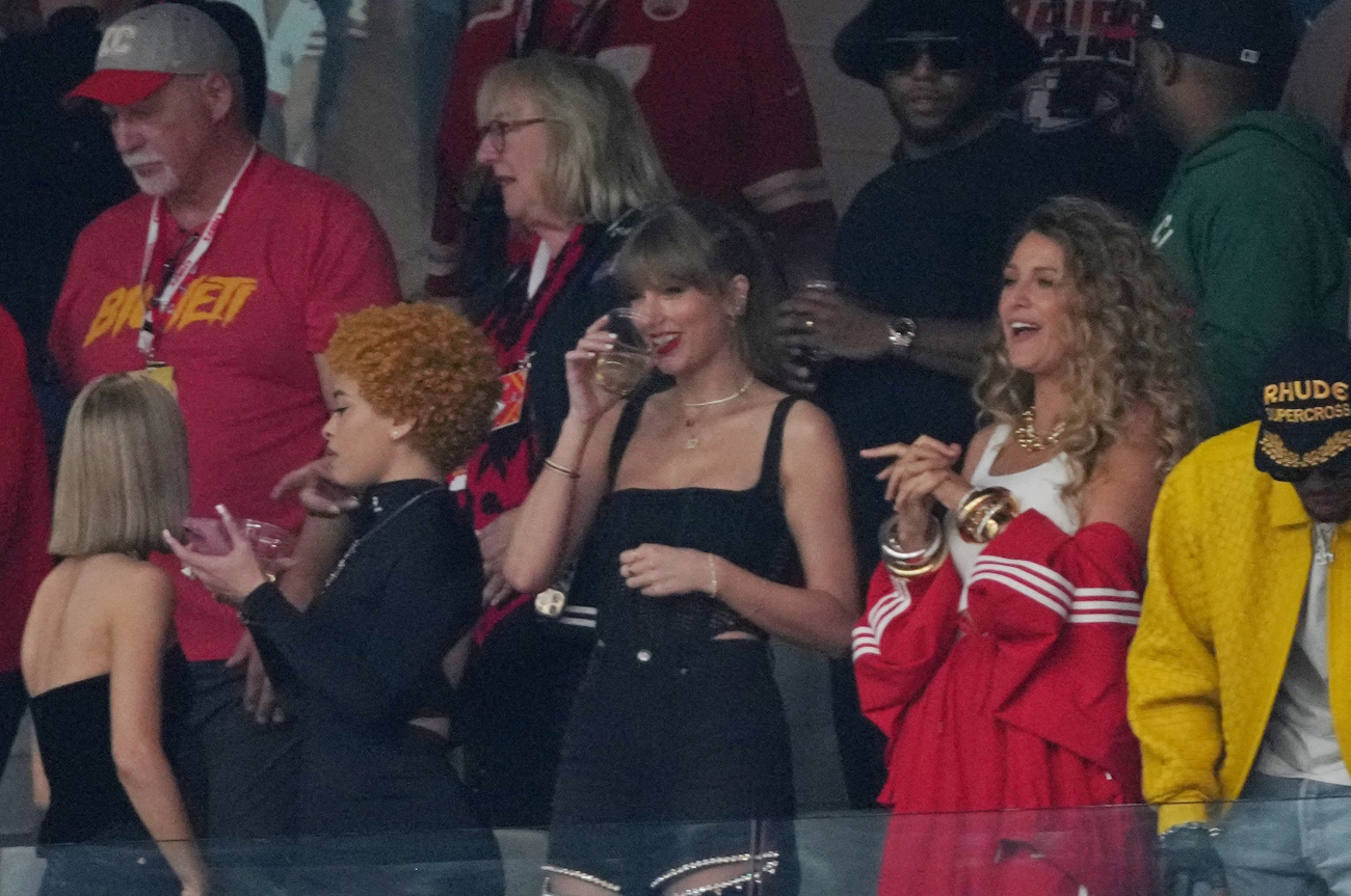 Feb 11, 2024; Paradise, Nevada, USA; Recording artist Taylor Swift looks on before Super Bowl LVIII between the San Francisco 49ers and the Kansas City Chiefs at Allegiant Stadium. Mandatory Credit: Kyle Terada-USA TODAY Sports