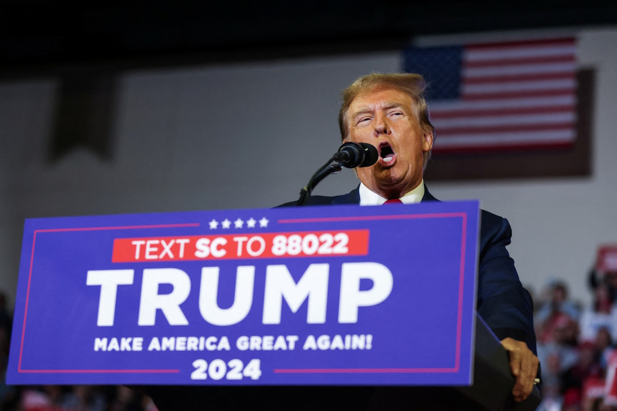Republican presidential candidate and former U.S. President Donald Trump speaks as he holds a campaign rally at Coastal Carolina University ahead of the South Carolina Republican presidential primary in Conway, South Carolina, U.S., February 10, 2024. REUTERS