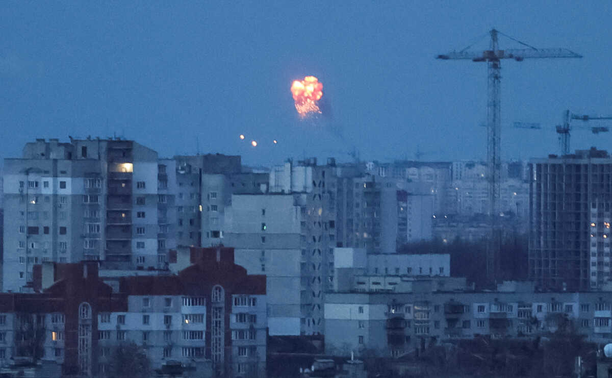 An explosion of a missile is seen in the sky over the city during a Russian missile strike, amid Russia's attack on Ukraine, in Kyiv, Ukraine February 7, 2024. REUTERS