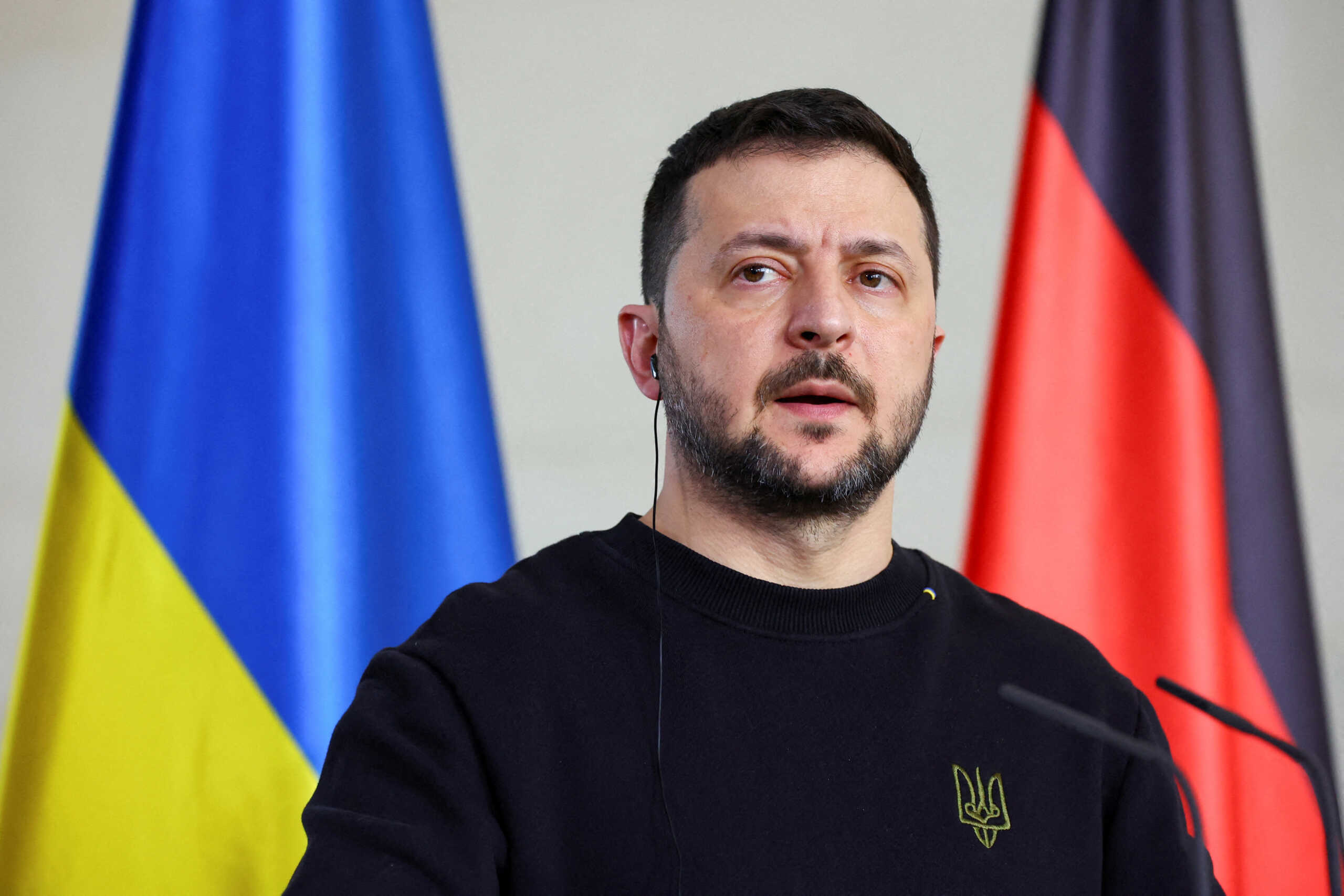 Ukraine's President Volodymyr Zelenskiy attends a press conference with German Chancellor Olaf Scholz (not pictured) in Berlin, Germany, February 16, 2024. REUTERS