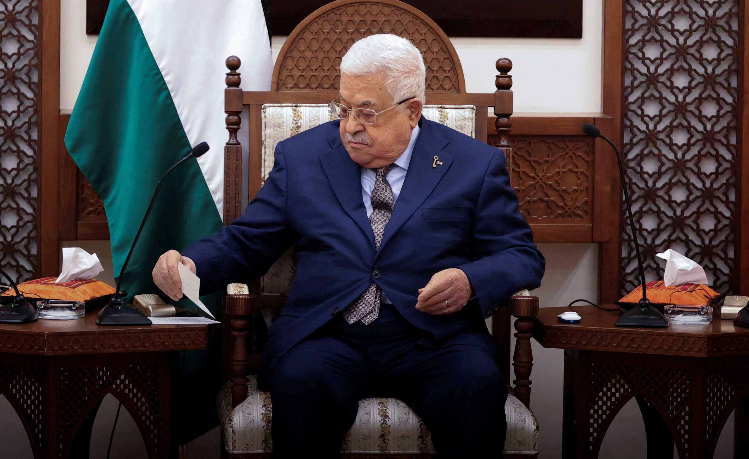 FILE PHOTO: Palestinian President Mahmoud Abbas attends a meeting with Belgium's Prime Minister Alexander De Croo and Spain's Prime Minister Pedro Sanchez (not pictured), in Ramallah, 23 November 2023.  ALAA BADARNEH