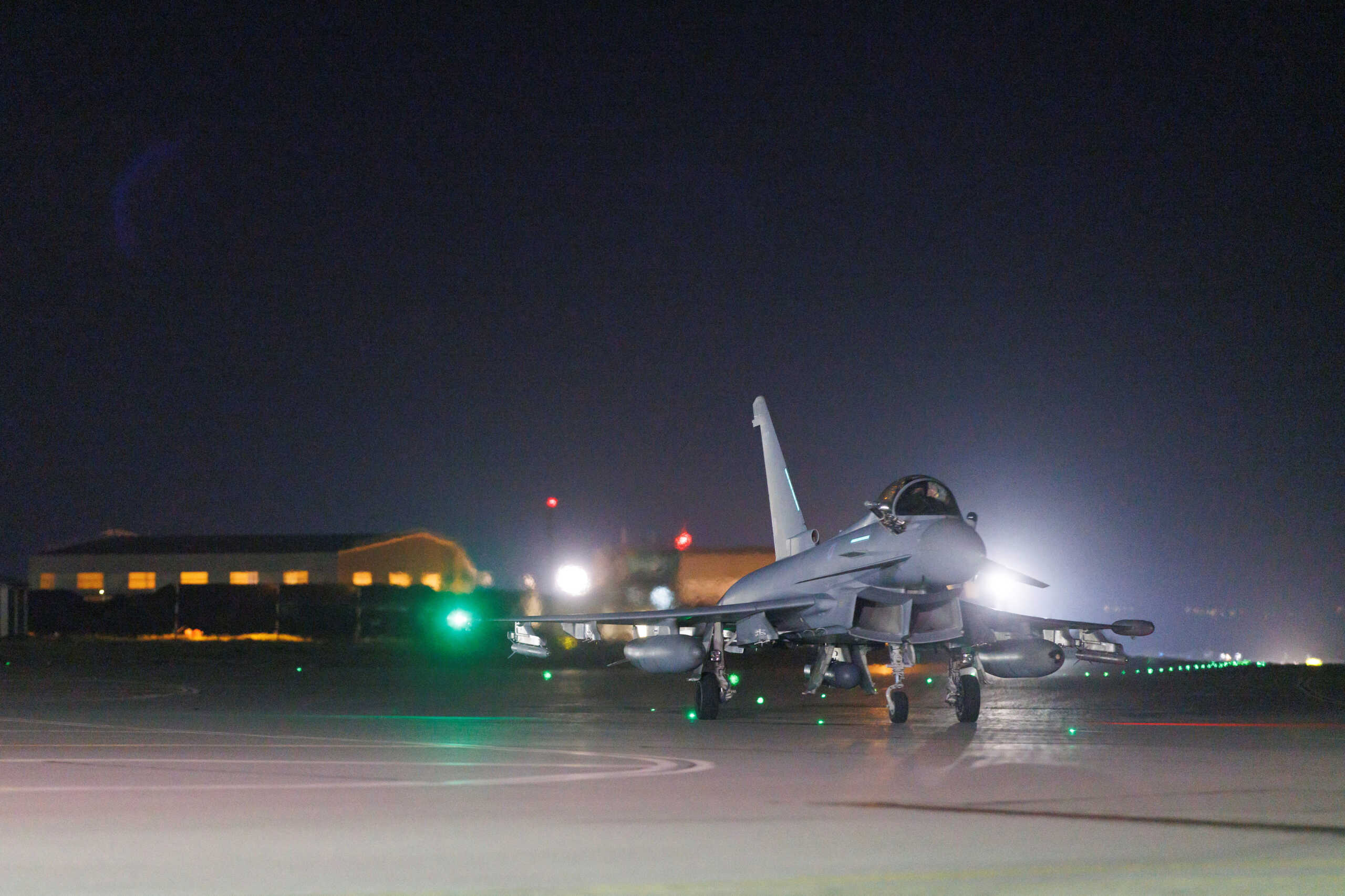 An RAF Typhoon FGR4 aircraft returns to its base following strikes against Houthi targets in Yemen, February 4, 2024. AS1 Jake Green RAF