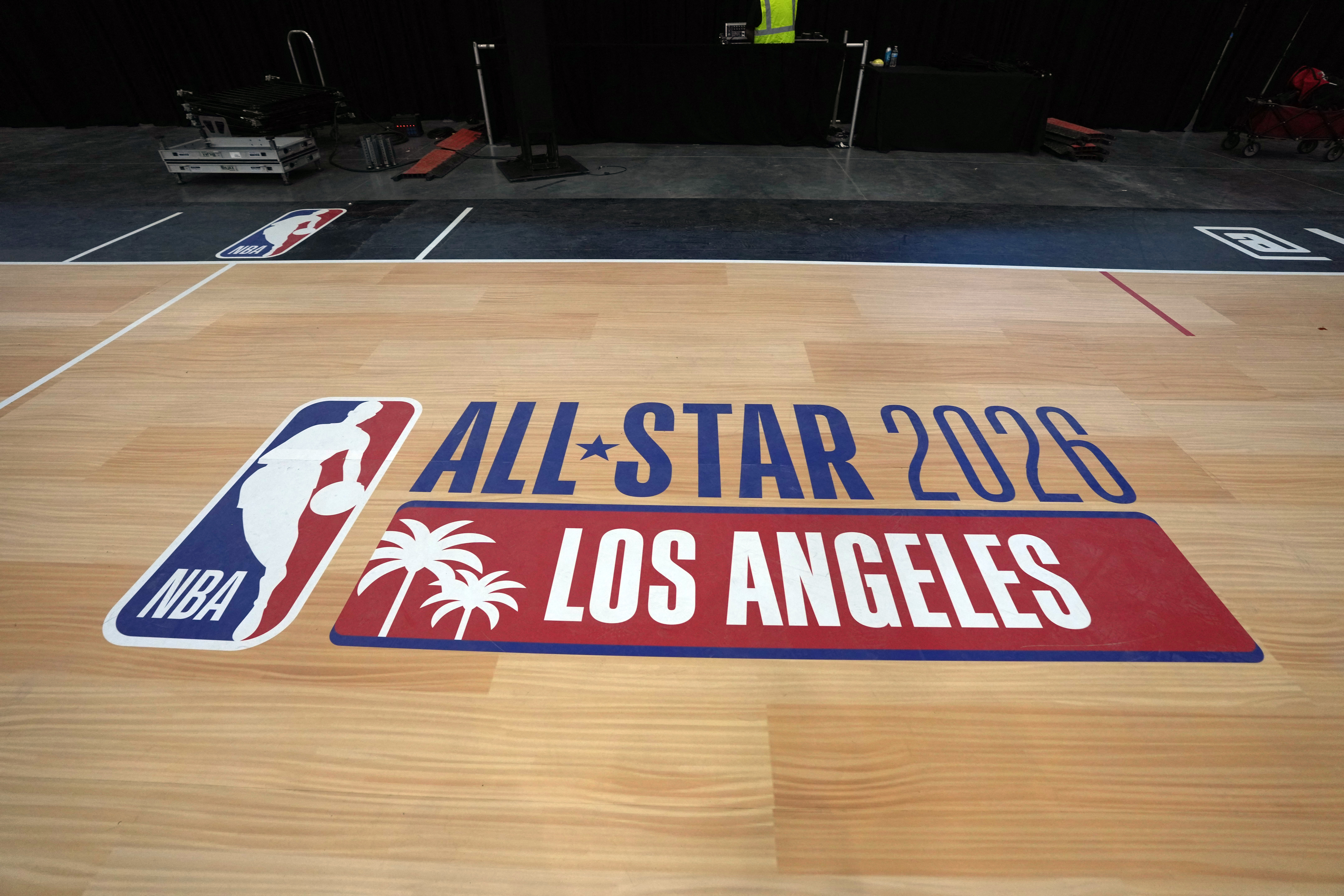 Jan 16, 2024; Inglewood, California, USA; The 2026 NBA All-Star Game logo is displayed at a press conference at the Intuit Dome. Mandatory Credit: Kirby Lee-USA TODAY Sports