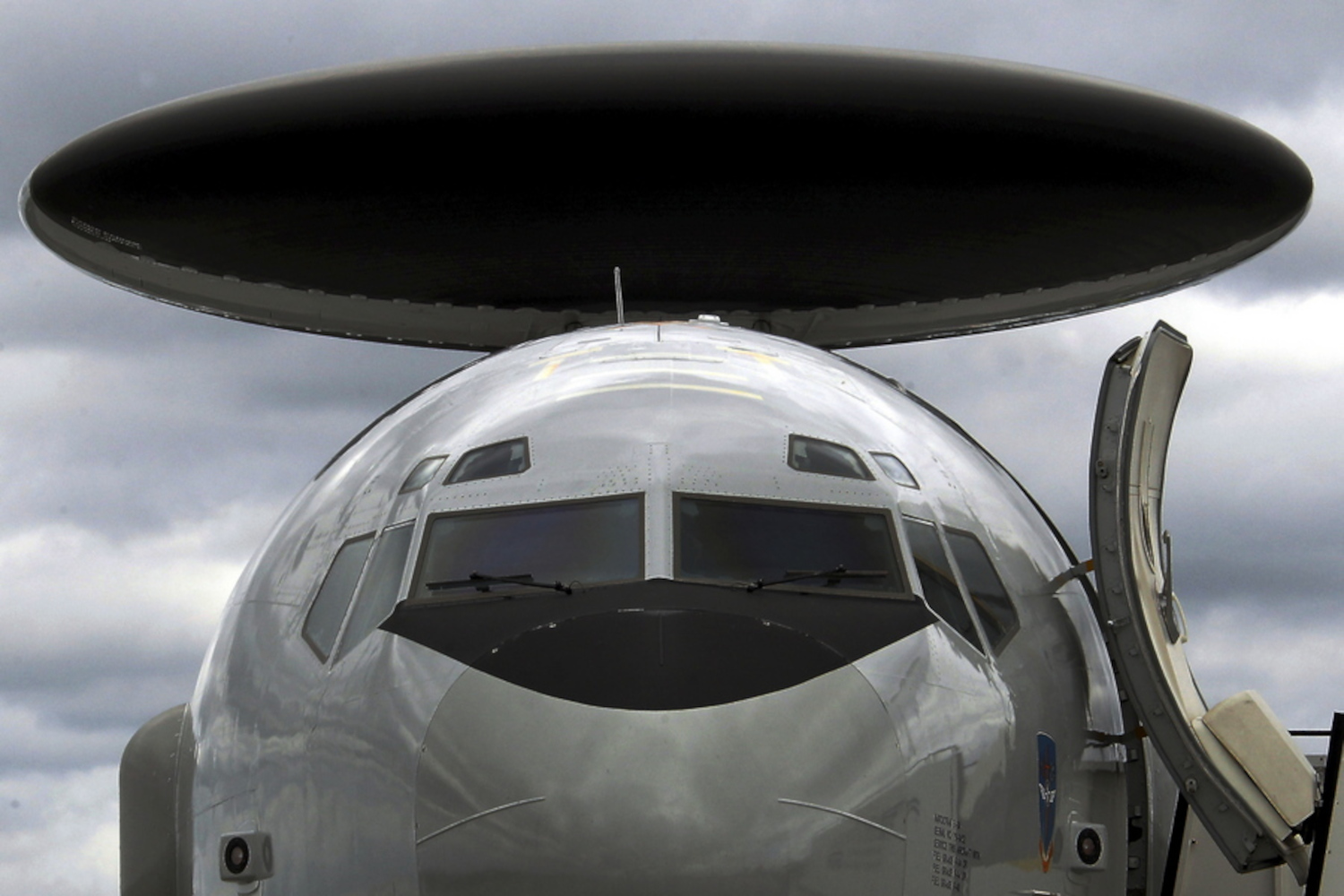 epa07835458 The NATO Airborne Warning and Control System (AWACS) warning and control aircraft lands at Riga International Airport, in Riga, Latvia, 11 September 2019. The AWACS is used by NATO with the respectively adapted aircrafts for long-range radar surveillance.  EPA