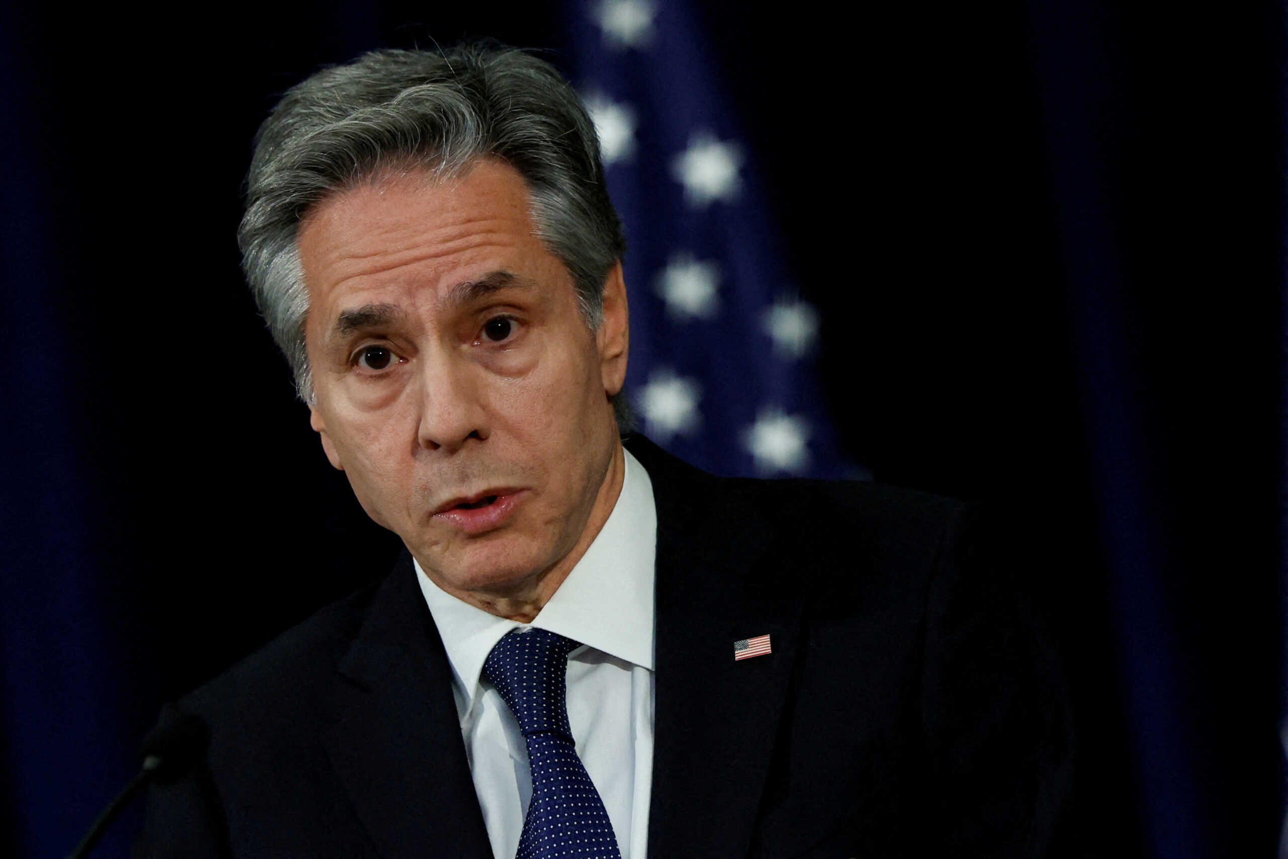 FILE PHOTO: U.S. Secretary of State Antony Blinken speaks during a press conference held by him and NATO Secretary-General Jens Stoltenberg (not pictured) at the State Department in Washington, U.S., January 29, 2024. REUTERS