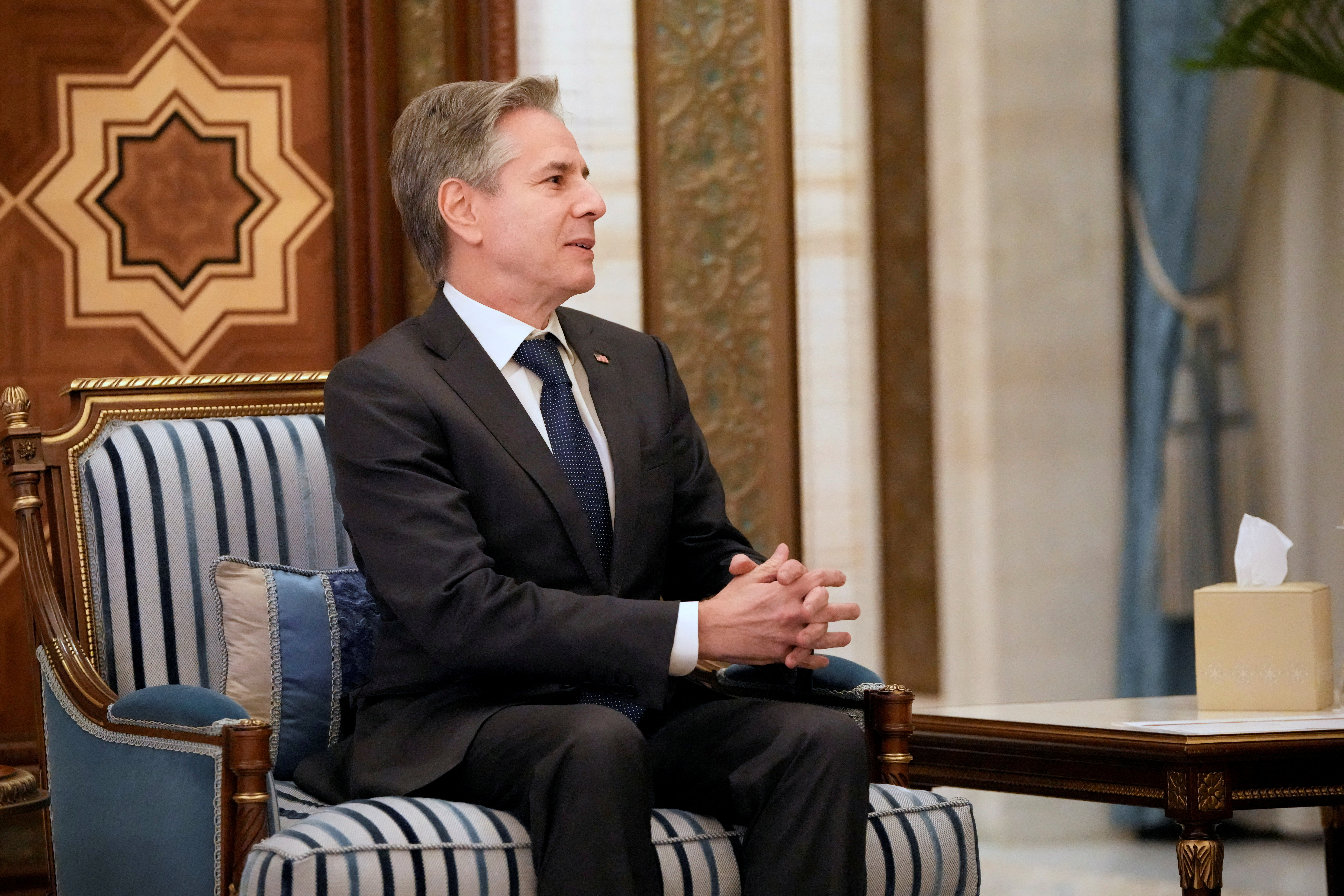 U.S. Secretary of State Antony Blinken meets with Qatar's Emir Sheikh Tamim bin Hamad Al Thani (not pictured), at Lusail Palace, in Doha, Qatar, Tuesday, Feb. 6, 2024.     Mark Schiefelbein