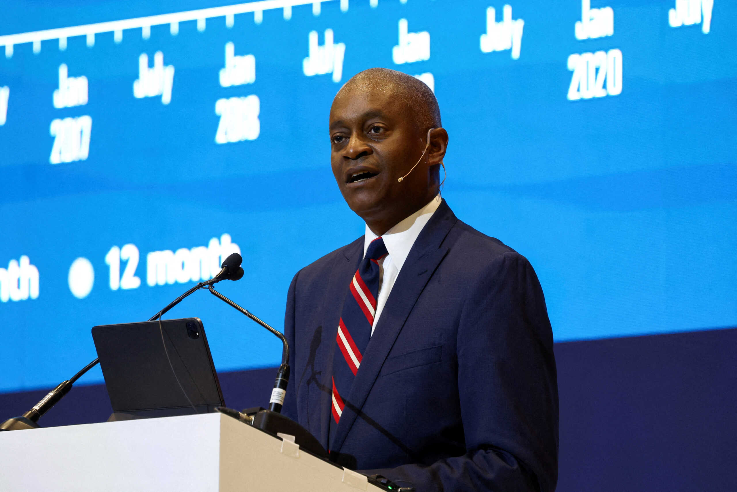FILE PHOTO: Atlanta Federal Reserve President Raphael Bostic speaks at the South African Reserve Bank's Biennial Conference in the Cape Town International Convention Centre, South Africa, August 31, 2023. REUTERS