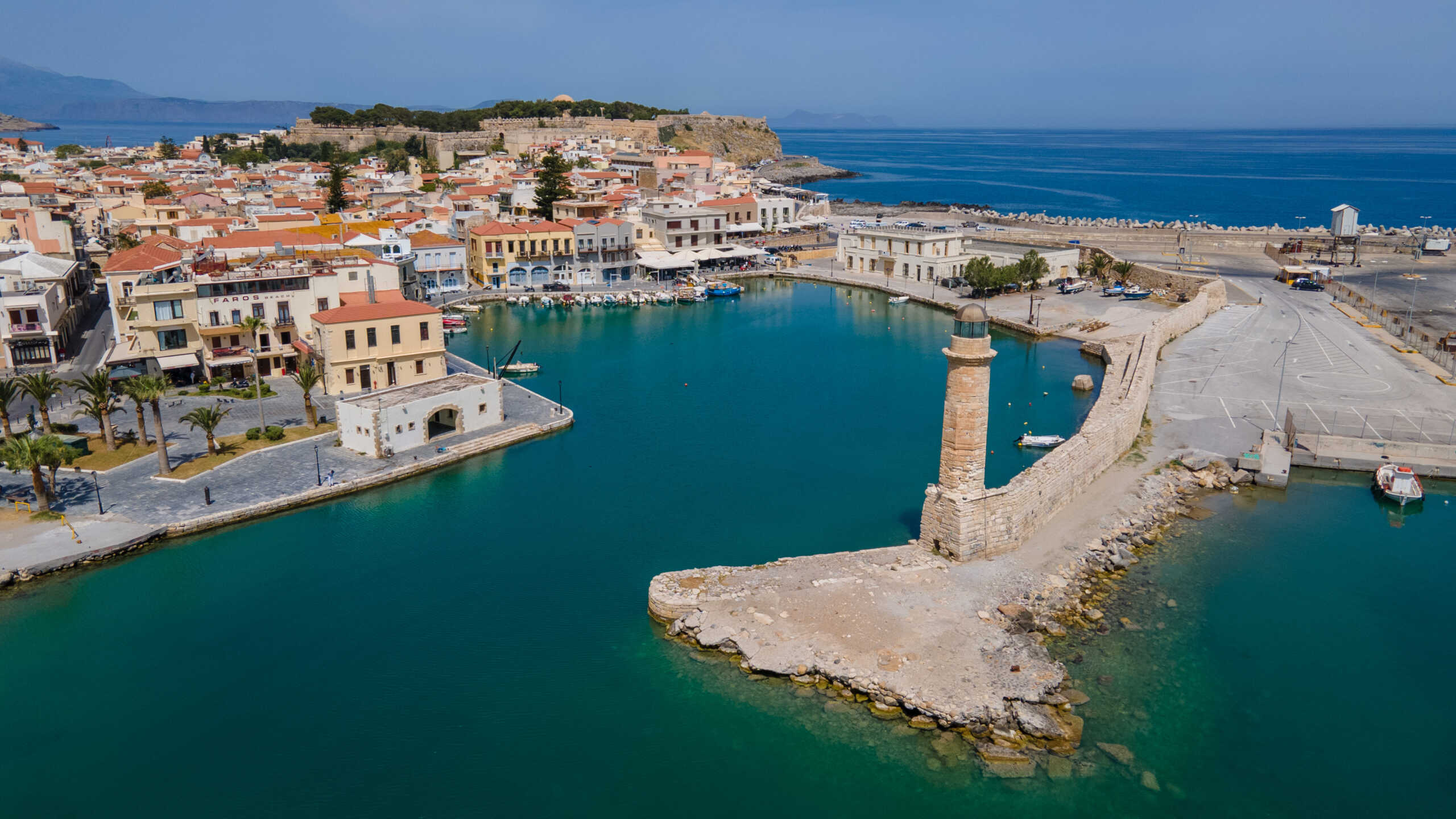 drone flight in the port of Rethymno, island Crete, Greece