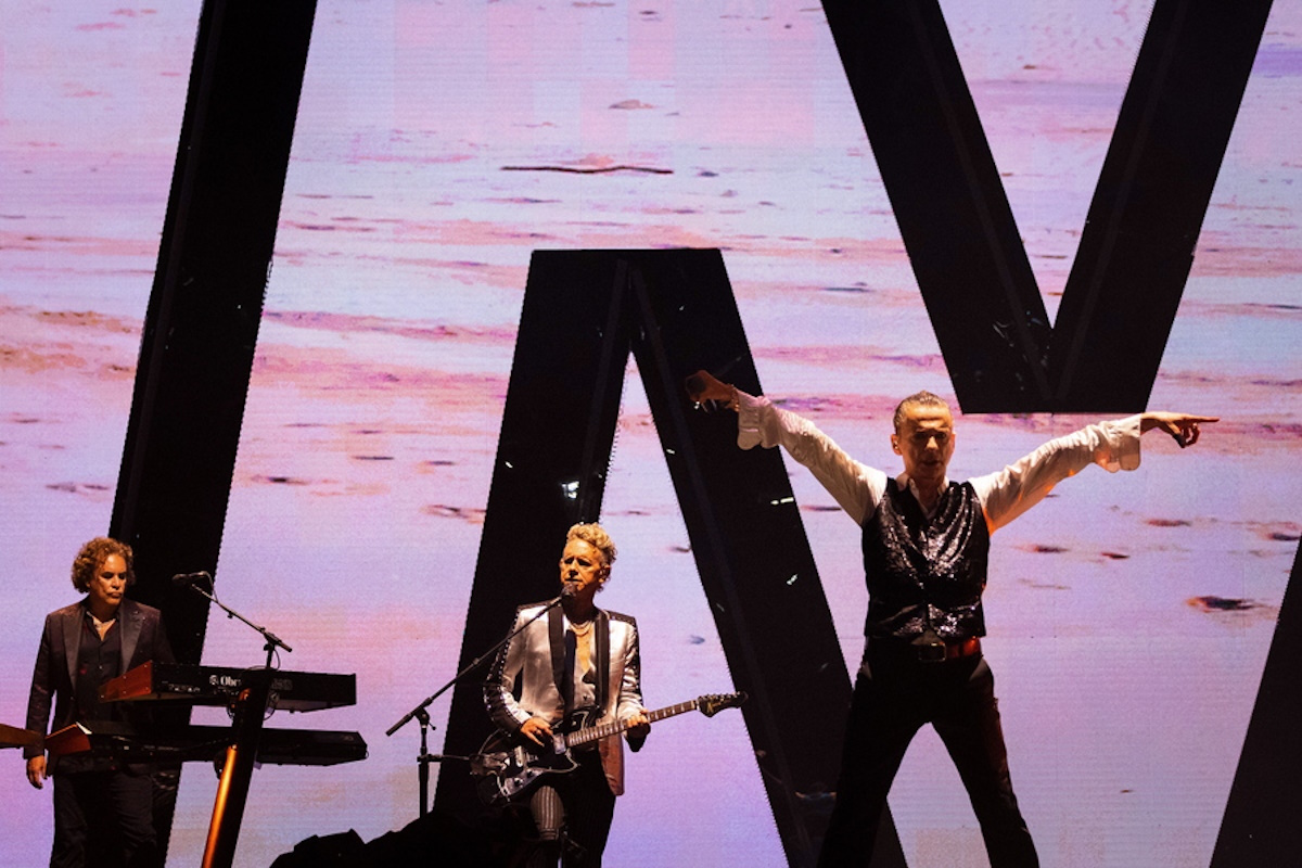 epa10774396 Peter Gordeno (L), Martin Lee Gore (C) and Dave Gahan of the band Depeche Mode perform during their concert in Budapest, Hungary, 28 July 2023.  EPA