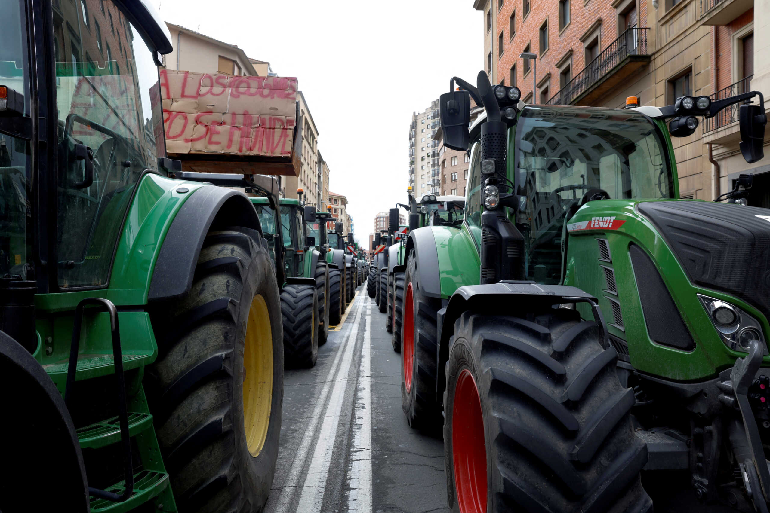 Farmers park their tractors during a protest over price pressures, taxes and green regulation, grievances shared by farmers across Europe, in Pamplona, Spain, February 9, 2024. REUTERS