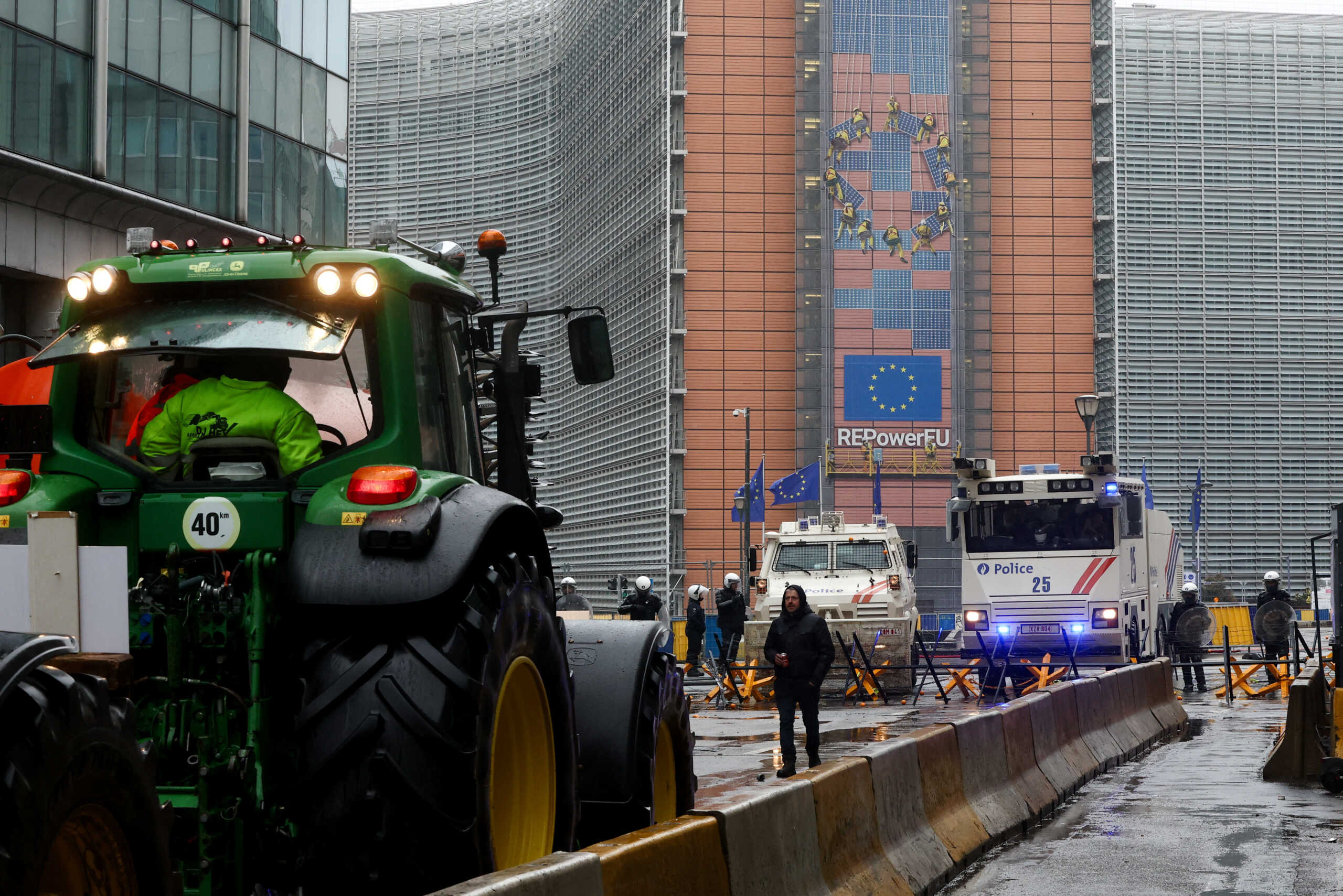 A tractor stands near the EU Commission headquarters during a protest of European farmers over price pressures, taxes and green regulation, on the day of an EU Agriculture Ministers meeting in Brussels, Belgium February 26, 2024. REUTERS