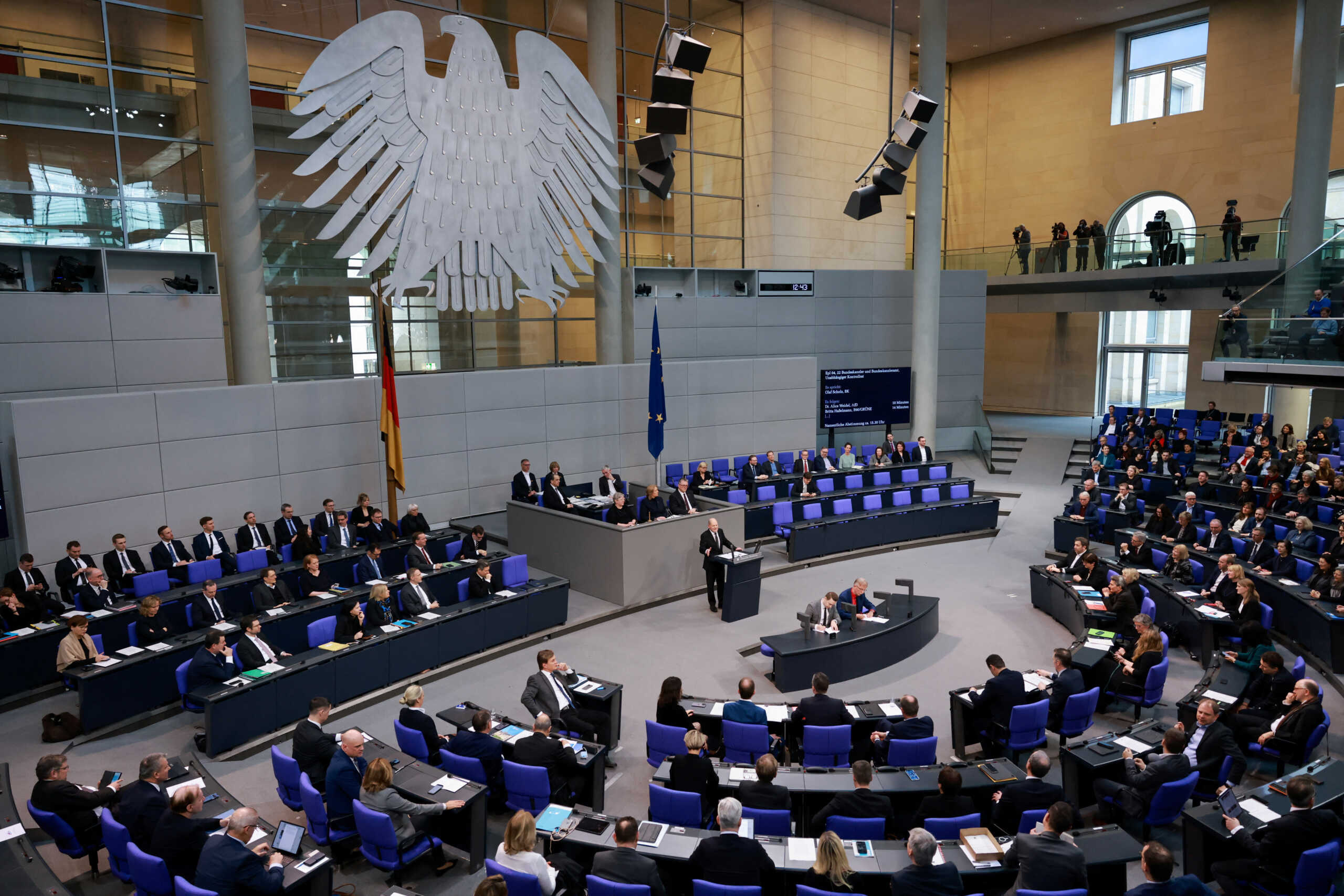 German Chancellor Olaf Scholz speaks at the 2024 budget debate of the German lower house of parliament, the Bundestag, in Berlin, Germany, January 31, 2024. REUTERS